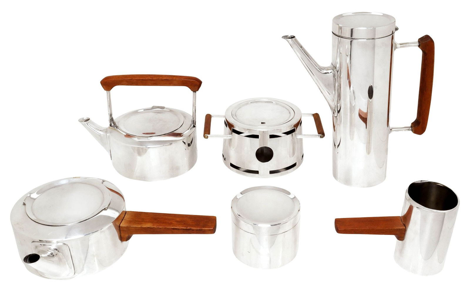 (6) GERMAN MID-CENTURY KARL DITTERT TEAK & SILVERPLATE TEA / COFFEE SERVICE: (lot of 6) German mid-century modern silverplate coffee or tea service, Karl Dittert for Gebruder Kuhn, Schwabisch Gmund, c.1960s, many with teak handles, each with stamped mark underfoot, including: