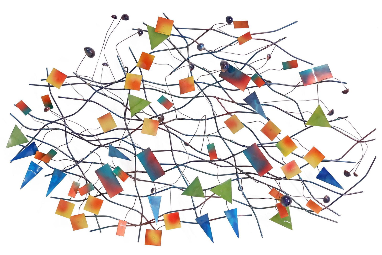 CURTIS JERE ABSTRACT POLYCHROME & MIXED METAL WALL SCULPTURE: Modern mixed metal wall sculpture, signed C. Jere (Curtis Jere, nom de plume of Curtis Freiler, 1910-2013, and Jerry Fels, 1917-2008), dated 2003, welded metal frame with polychrome shaped mounts, app