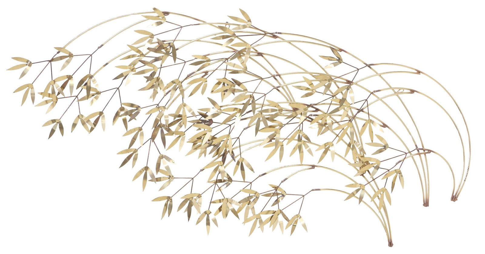 CURTIS JERE MODERN GILT-METAL FOLIATE BRANCH WALL SCULPTURE: Modern gilt-metal wall sculpture, signed C. Jere (Curtis Jere, nom de plume of Curtis Freiler, 1910-2013, and Jerry Fels, 1917-2008), dated 1982, welded metal frame, arched branches producing trefoil