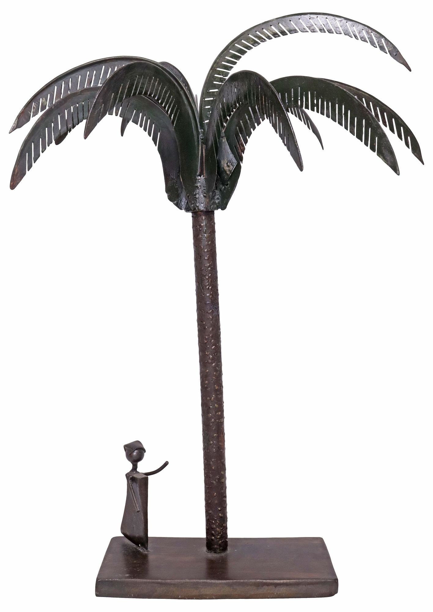 INDUSTRIAL STYLE ASSEMBLED METAL PALM TREE SCULPTURE, 31"H: Large industrial style assembled metal sculpture, Palm Tree, fashioned from reclaimed materials, rising on rectangular base with a standing female figure, signed Andre, approx 31"h, 21.5"w,