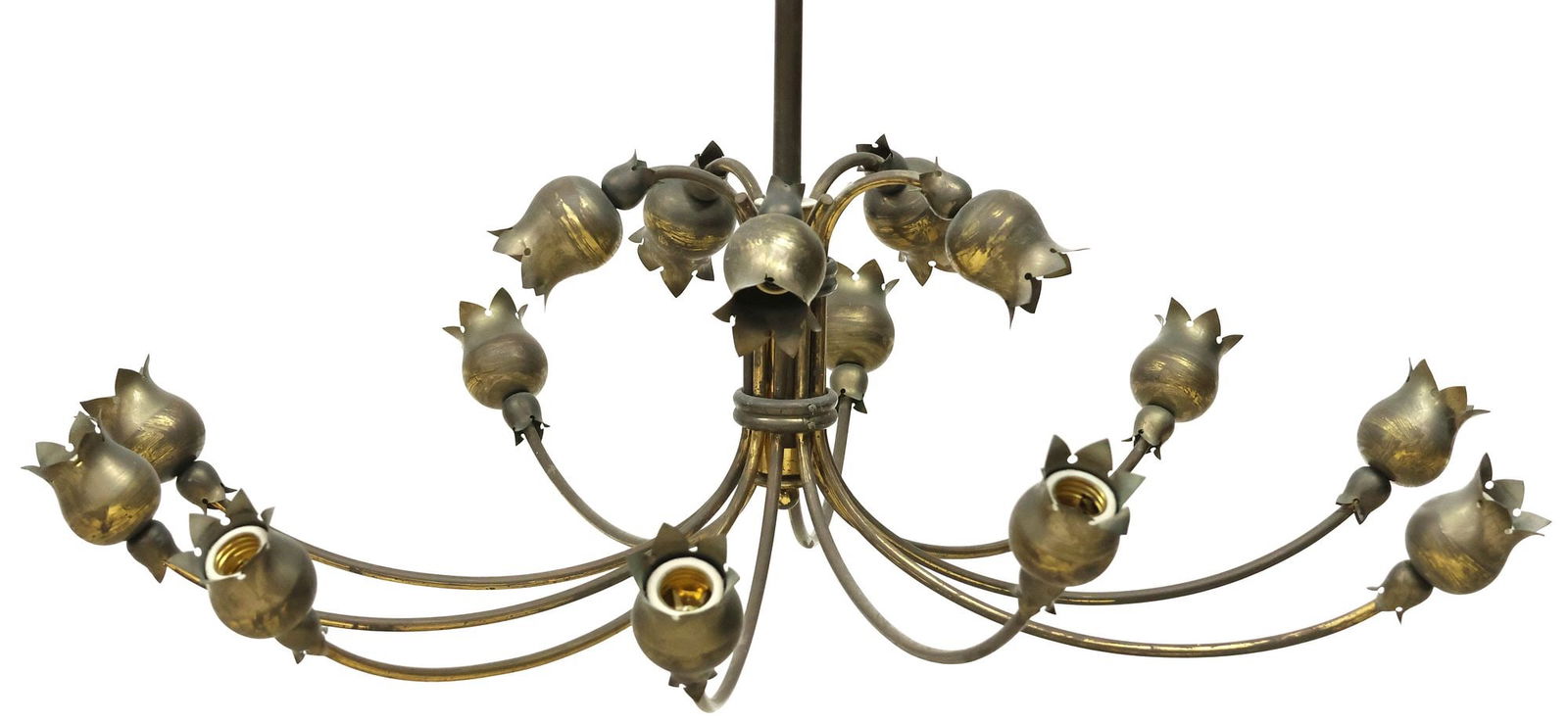 ITALIAN PATINATED BRASS 15-LIGHT 'TULIP' CHANDELIER: Italian patinated brass fifteen-light chandelier, 20th c. tubular central standard, issuing fourteen curved arms, terminating at tulip-form shades, in need of wiring, approx 39"h, 33.5"diam