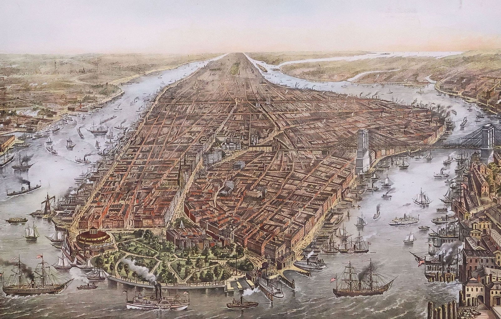 PERSPECTIVE MAP OF NEW YORK CITY FROM BATTERY PARK LITHOGRAPH, c.1874: Framed lithograph in colors on paper, "New York, Taken from Battery Place," printed by George Schlegel, New York (active 1849-1957), published by George Degen (New York, 19th c.), c.1874, inscribed