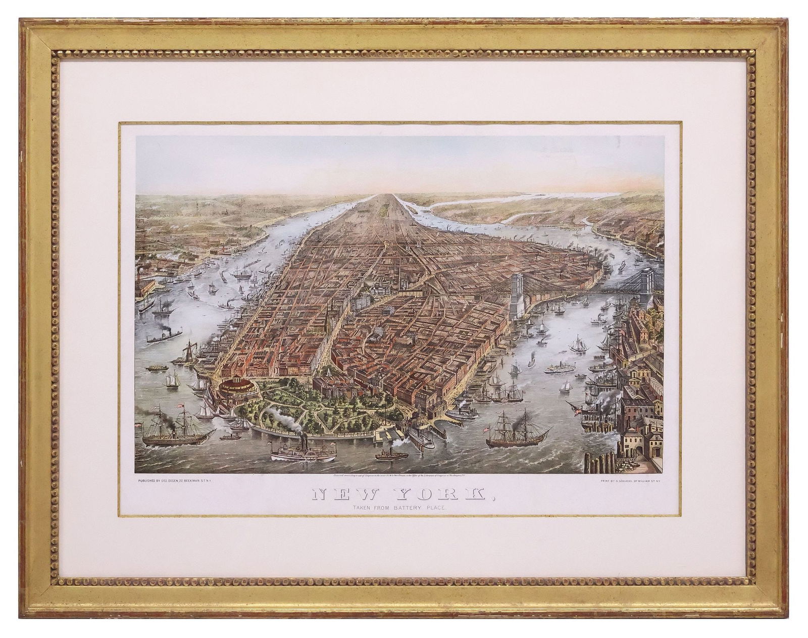 PERSPECTIVE MAP OF NEW YORK CITY FROM BATTERY PARK LITHOGRAPH, c.1874 - 2