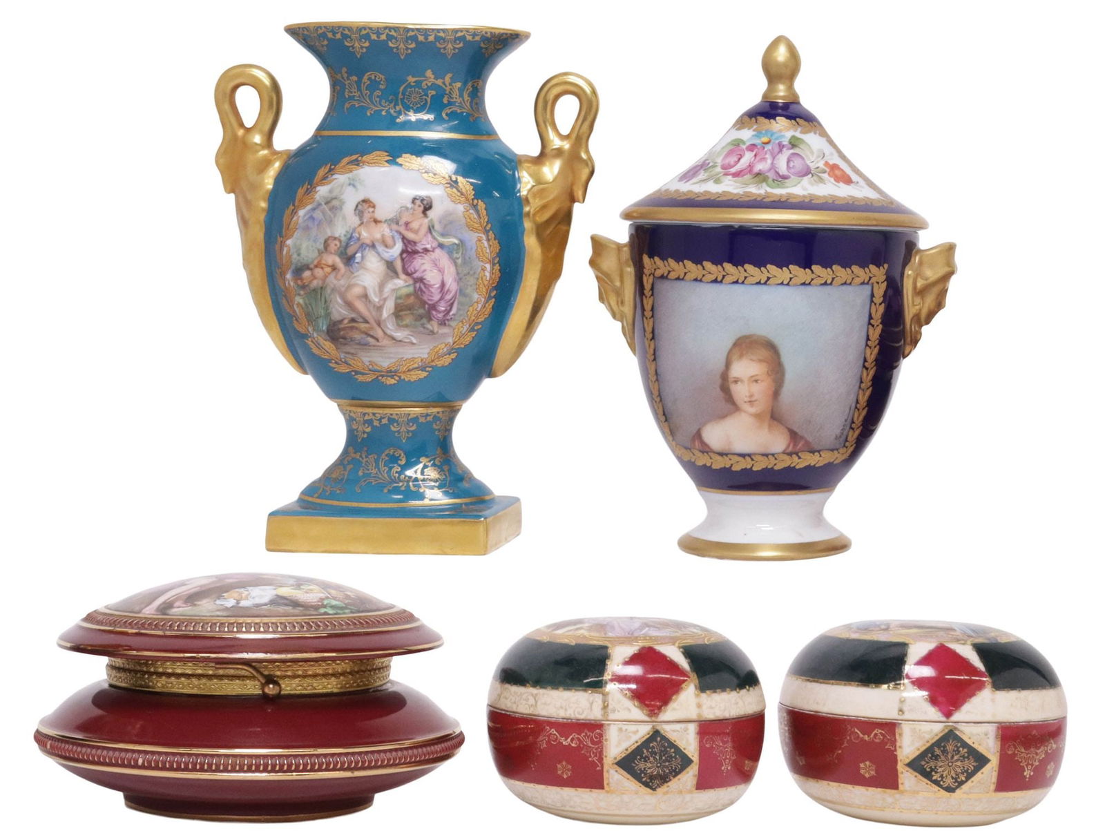 (5) CONTINENTAL PORCELAIN TABLEWARE, ROYAL VIENNA & SEVRES STYLE: (lot of 5) Continental parcel-gilt porcelain tableware, including: (pair) Royal Vienna style trinket boxes, reserves depicting allegorical figures and draped maidens, opening to gilt-washed interior,