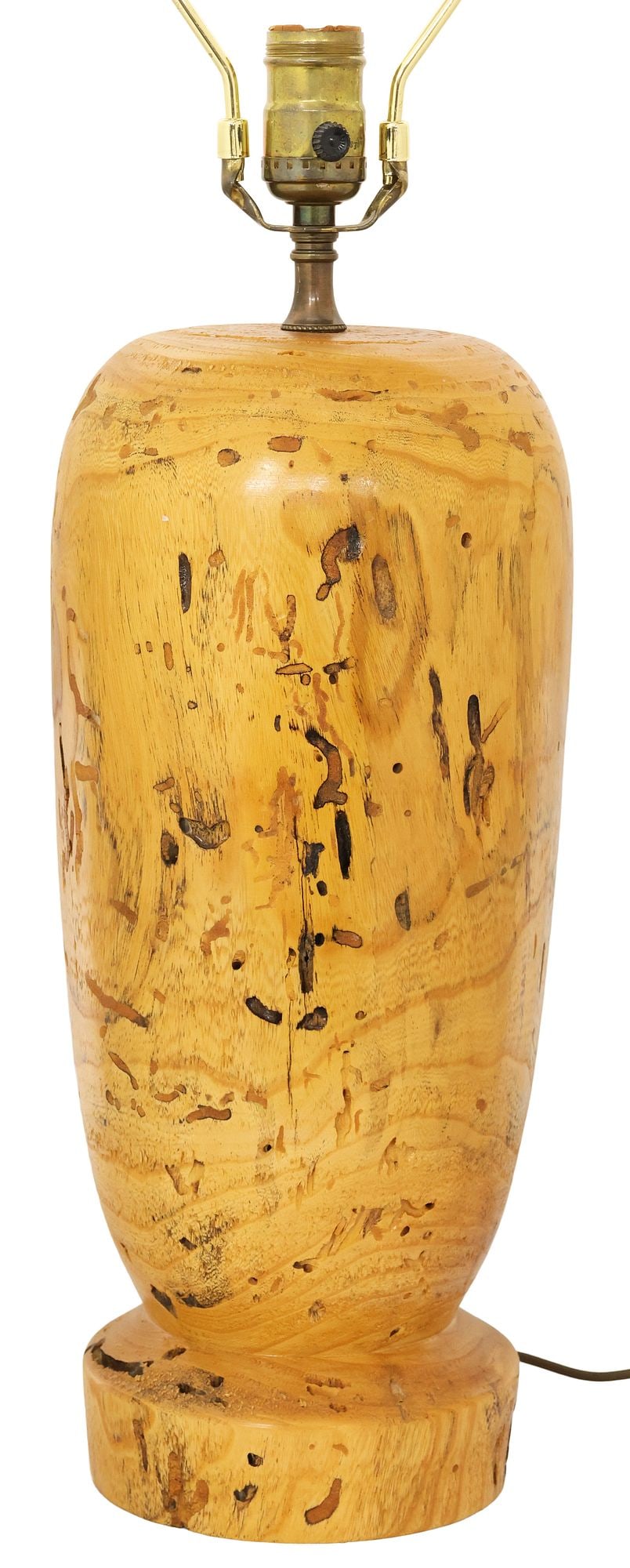 MODERN VASIFORM BURLWOOD 1-LIGHT TABLE LAMP: Modern burlwood single-light table lamp, 20th c., having tapering vasiform body, ending on rounded base, signed "EY" inside a stylized sun mark underfoot, accompanied by drum shade, observed