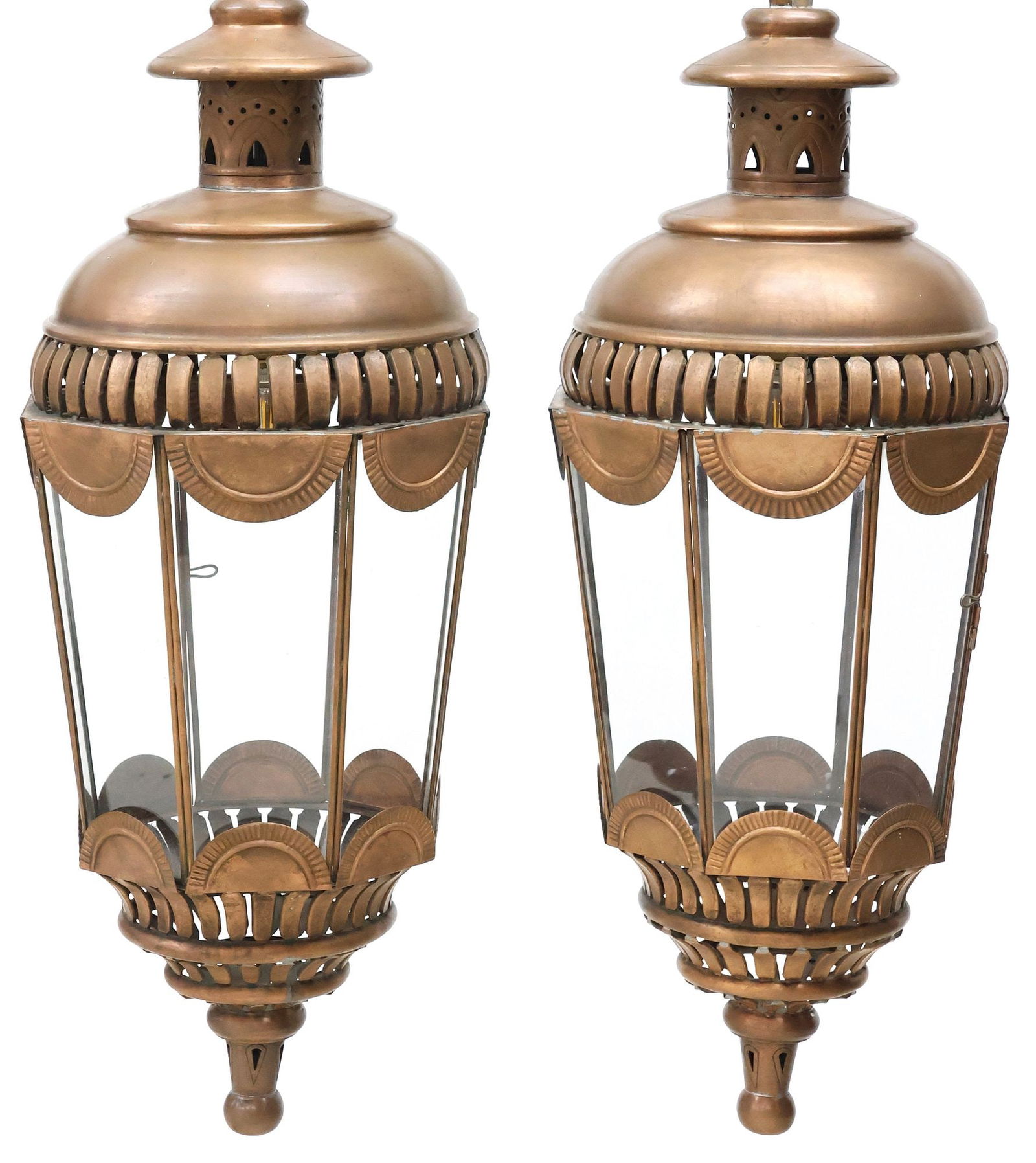 (2) HECTOR AGUILAR TAXCO PANELED COPPER & GLASS 1-LIGHT HANGING LANTERNS: (pair) Large copper and glass paneled single-light hanging lanterns, Hector Aguilar (1905-1986), Taxco, Mexico, each having pierced canopy over domed top, tapered body with lunette molding, encasing