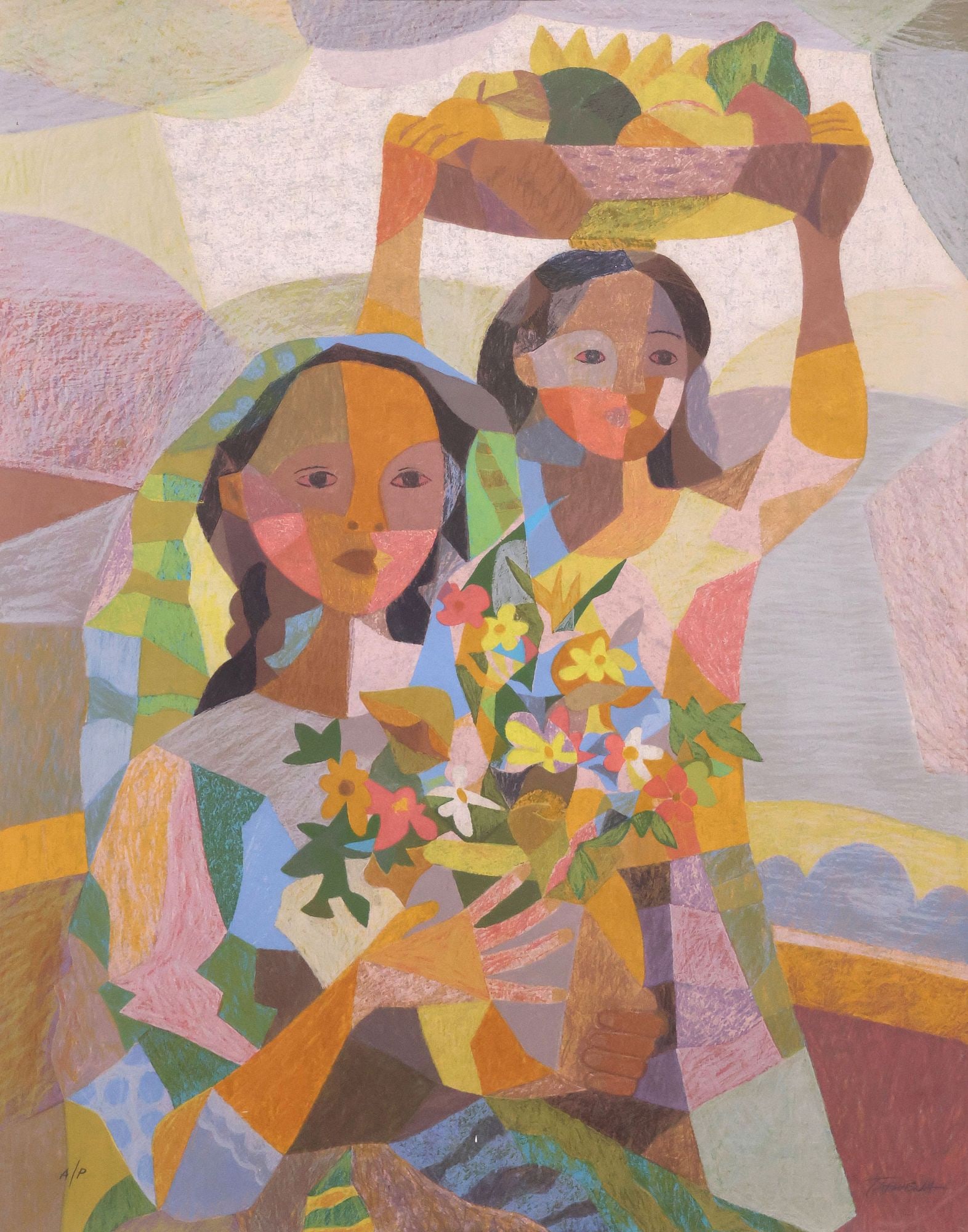 ROMEO TABUENA (1921-2015) ARTIST'S PROOF PRINT, FLOWER SELLERS: Framed print on art paper, Flower and Fruit Sellers, signed in pencil lower right Tabuena (Romeo Villalva Tabuena, Philippines, 1921-2015), A/P (artist's proof) lower left, overall: approx