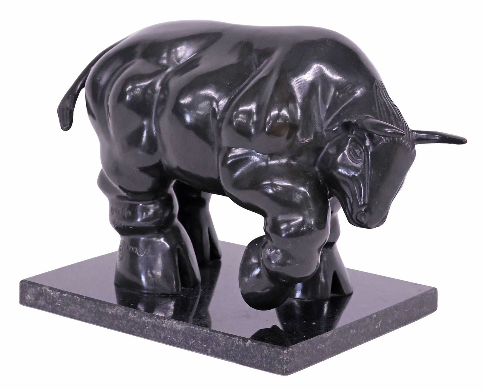 AFTER FERNANDO BOTERO BRONZE SCULPTURE, 'BULL': Patinated bronze sculpture, Bull, a modern replica after Fernando Botero Angulo (Colombian, 1932-2023), on a black granite plinth, overall: approx 8 7/8"h, 12.75"w, 7.25"d, 18.25lbs