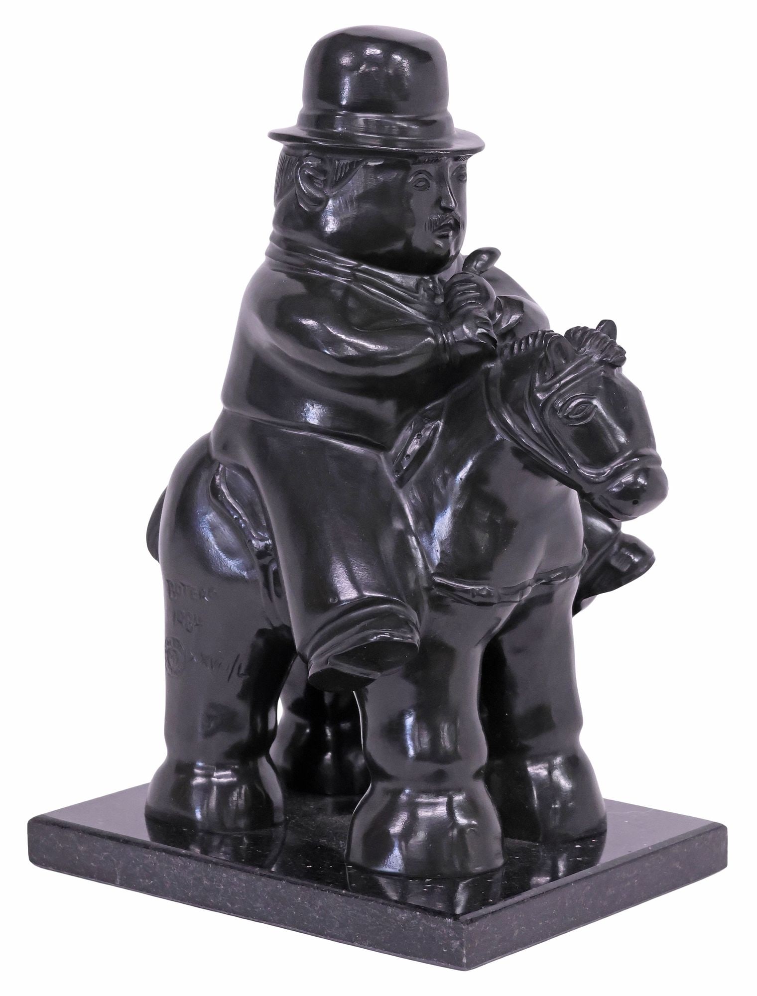 AFTER FERNANDO BOTERO BRONZE SCULPTURE, 'MAN ON HORSEBACK': Patinated bronze sculpture, Man on Horseback, a modern replica after Fernando Botero Angulo (Colombian, 1932-2023), on a black granite plinth, overall: approx 12.25"h, 6.25"w, 7 7/8"d, 13lbs