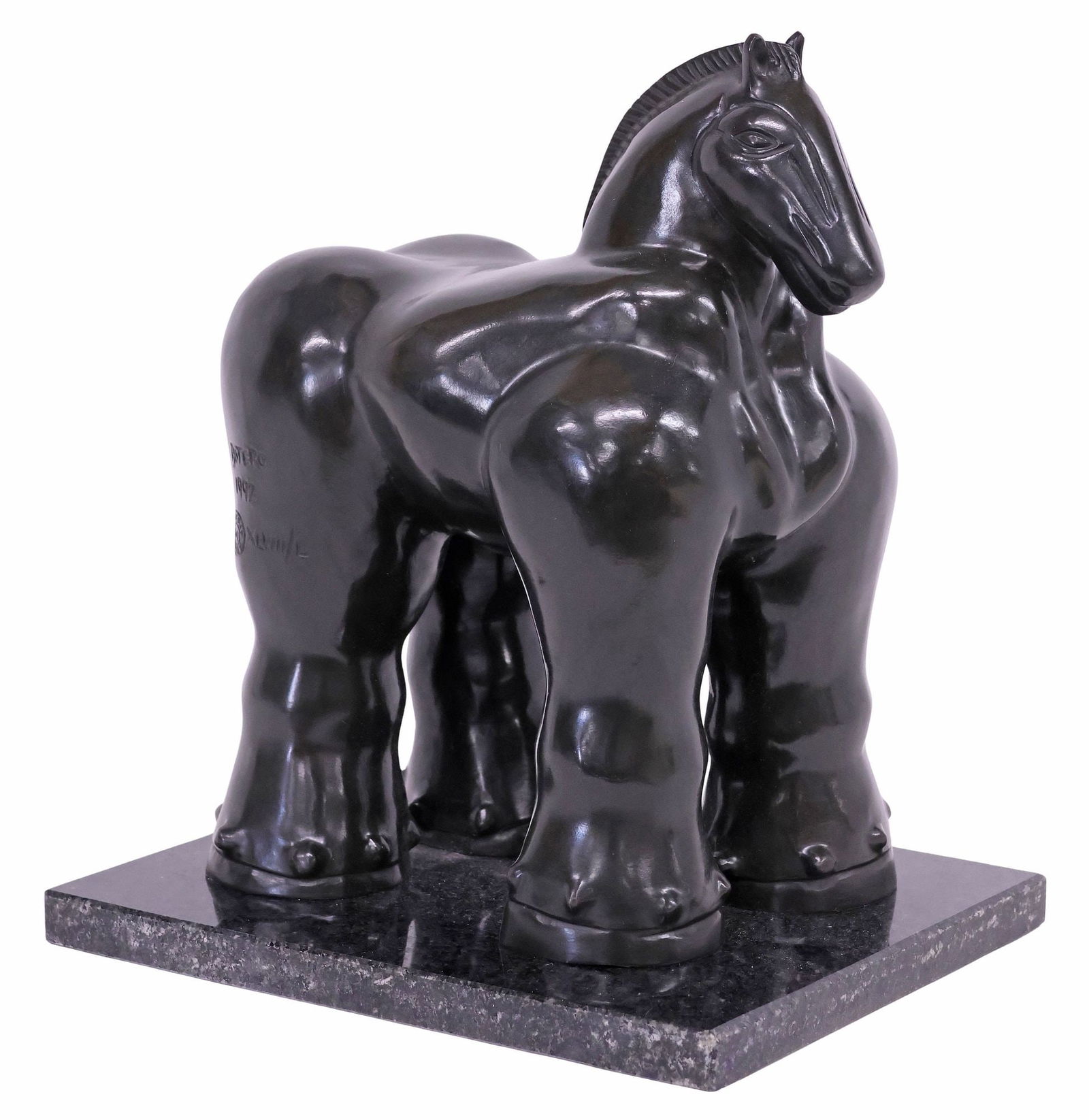 AFTER FERNANDO BOTERO BRONZE SCULPTURE, 'TROJAN HORSE': Patinated bronze sculpture, Trojan Horse, a modern replica after Fernando Botero Angulo (Colombian, 1932-2023), on a black granite plinth, overall: approx 12.5"h, 11"w, 8.75"d, 24.5lbs