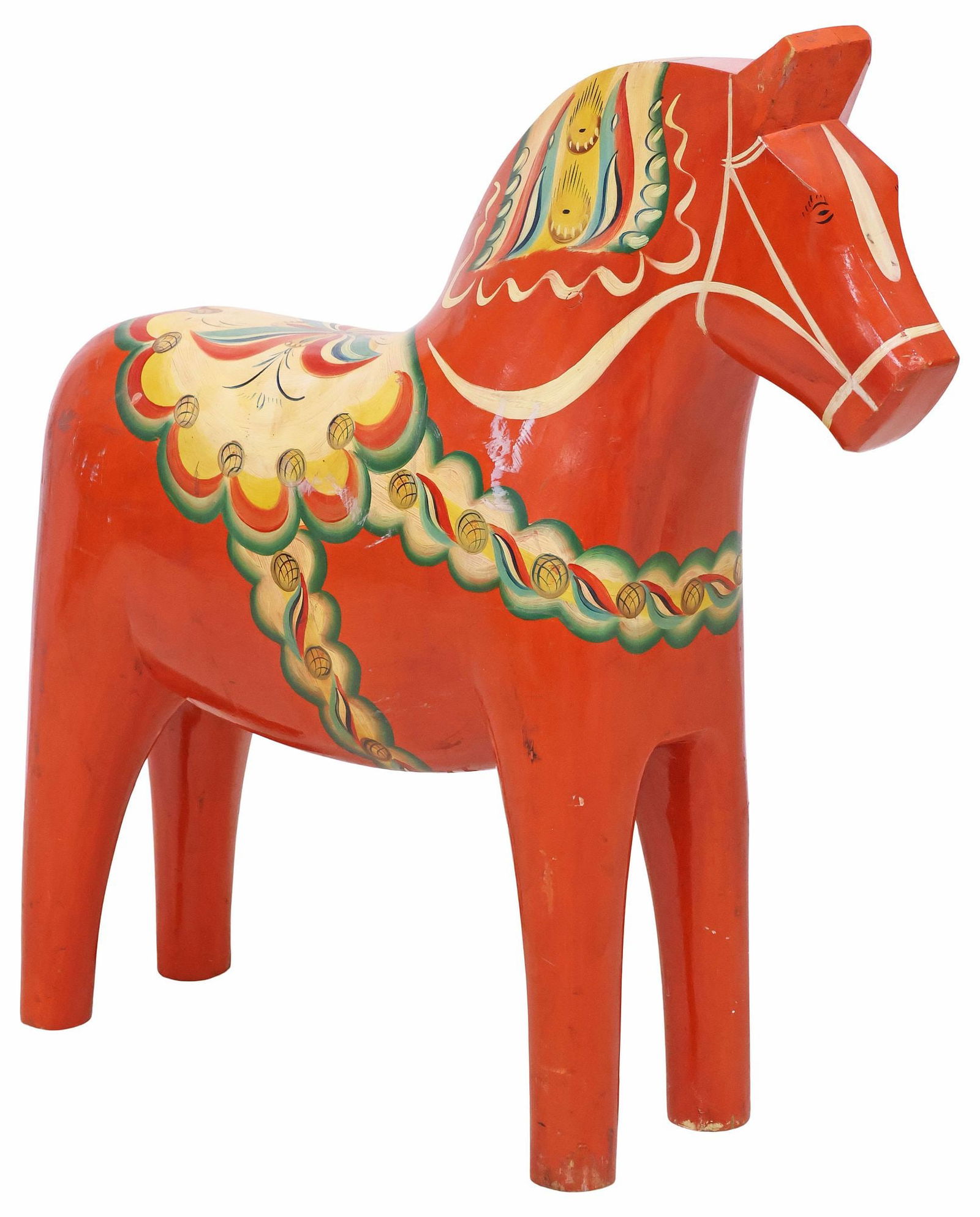 OVERSIZED SWEDISH PAINTED WOOD DALA HORSE, 35.25"H: Large Swedish carved wood Dala horse, 20th c., having polychrome painted saddle and foliate motifs, on red ground, approx 35.25"h, 33.5"w, 8.5"d