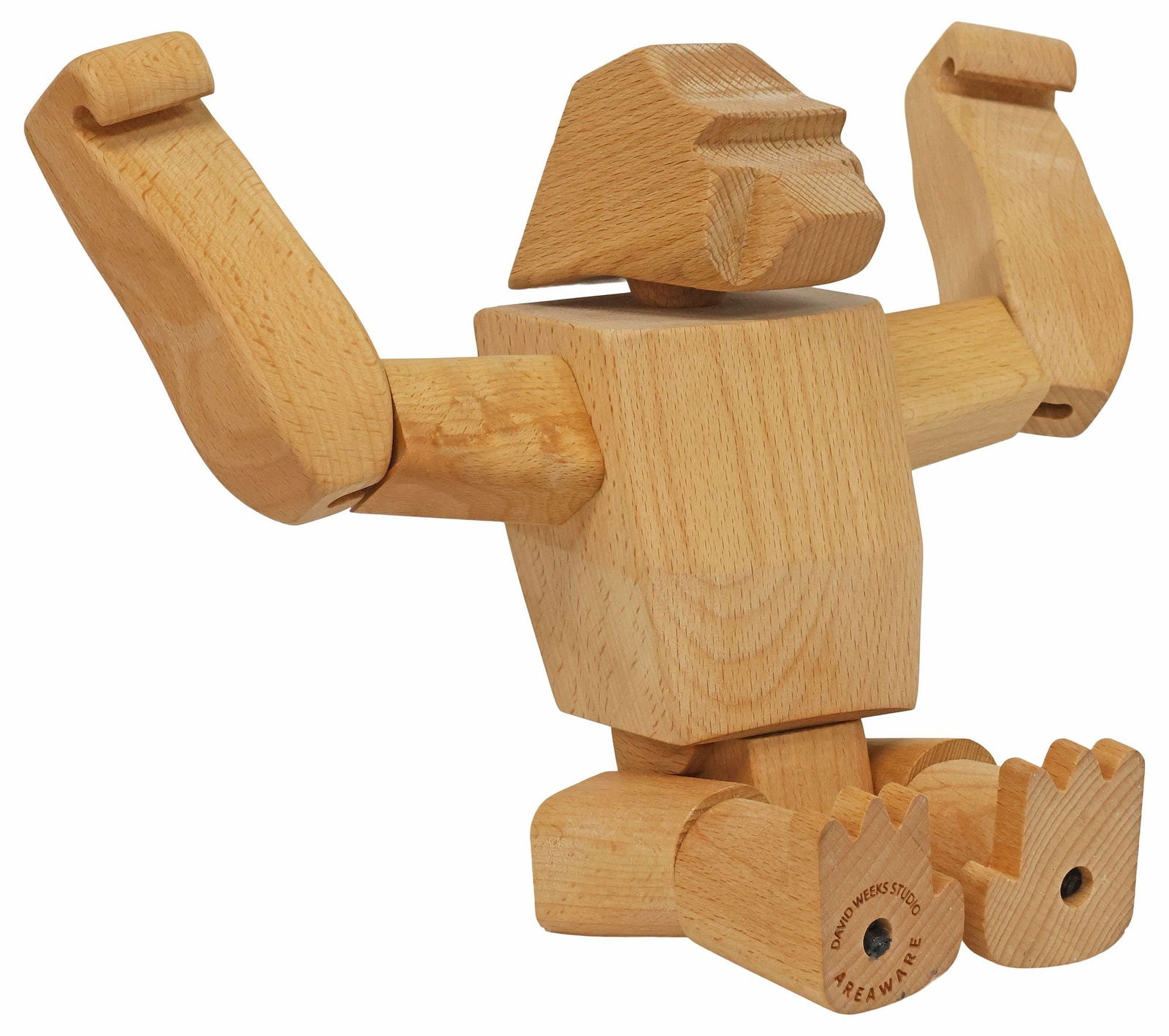DESIGNER DAVID WEEKS FOR AREAWARE 'HANNO THE GORILLA' WOOD ART TOY / SCULPTURE: Contemporary designer hardwood sculpture / art toy, "Hanno the Gorilla," designed by David Weeks (American, b.1968) for Areaware, posable construction with jointed elastic band limbs,