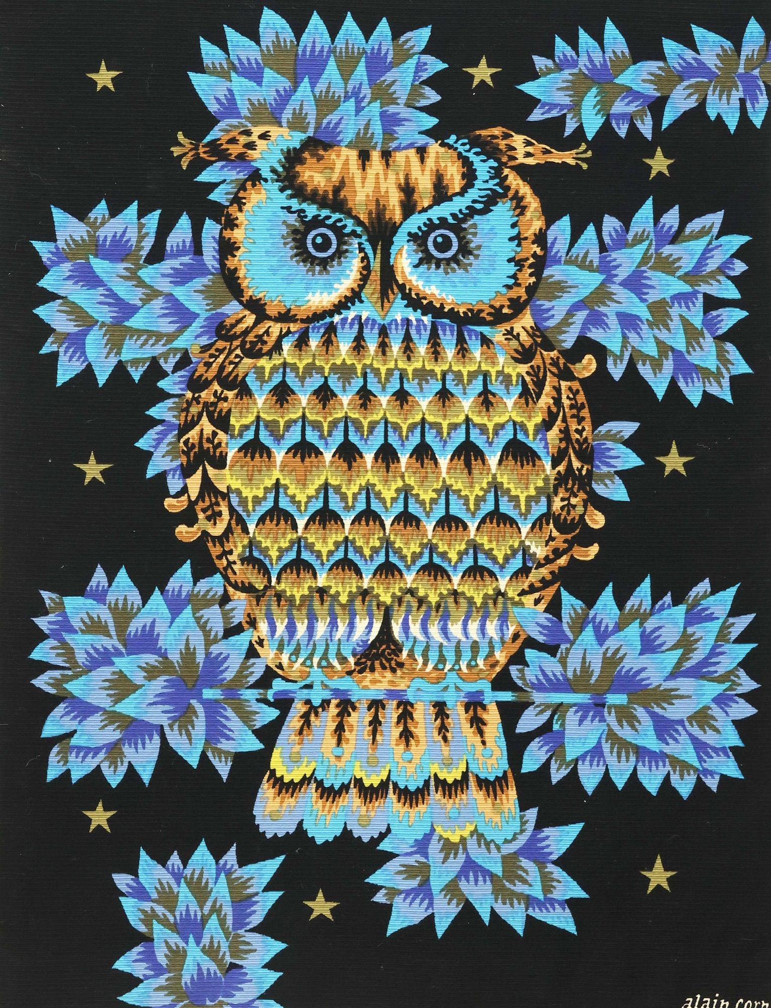ALAIN CORNIC (B.1920) FOR ROBERT FOUR MID-CENTURY SILKSCREEN OWL TAPESTRY, 142/200: Limited edition French mid-century modern printed wool wall hanging/ tapestry, "Chouette (Owl)," designed by Alain Cornic (b.1920) for Robert Four, Aubusson, c.1960s, retaining paper tag with