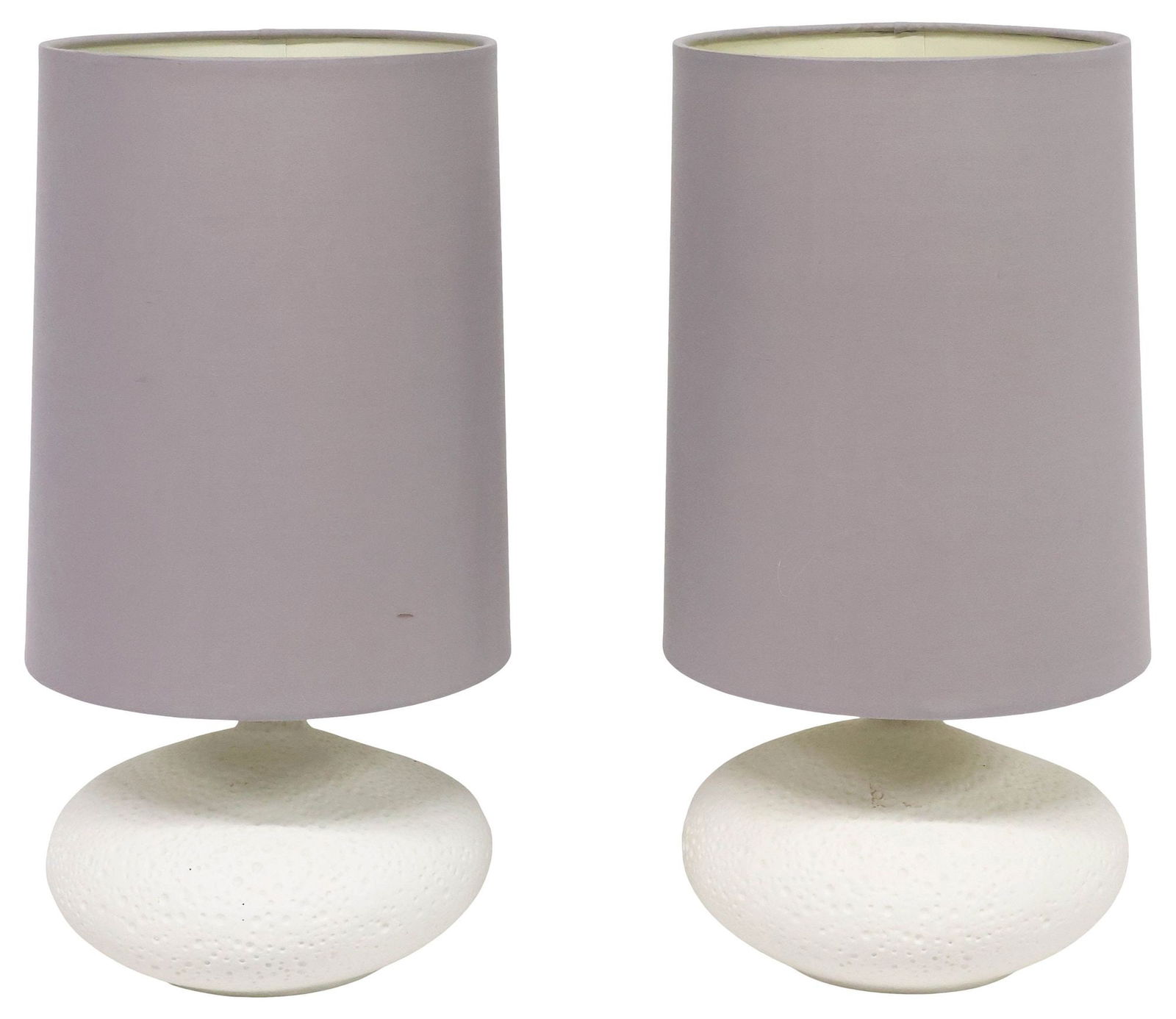 (2) CONTEMPORARY WEST ELM TEXTURED CERAMIC 1-LIGHT TABLE LAMPS: (pair) Contemporary ceramic single-light table lamps, West Elm, having textured vasiform base, accompanied by grey canvas drum shade, retaining maker's label underfoot, observed operating, lamp: a