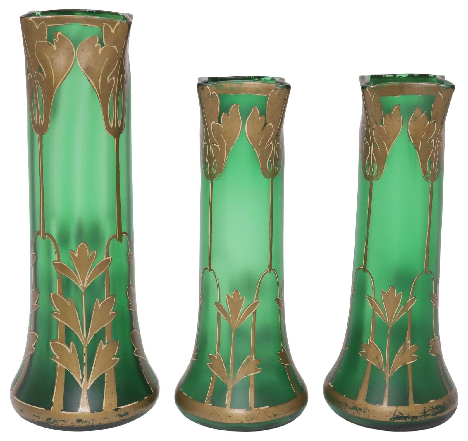 (3) FRENCH LEGRAS STYLE ART NOUVEAU GILT-ENAMELED GREEN GLASS VASES: (lot of 3) French Art Nouveau period satin green glass vases, in the manner of Francois-Theodore Legras (French, 1839-1916), late 19th/ early 20th c., each of waisted form, with enameled gilt foliate