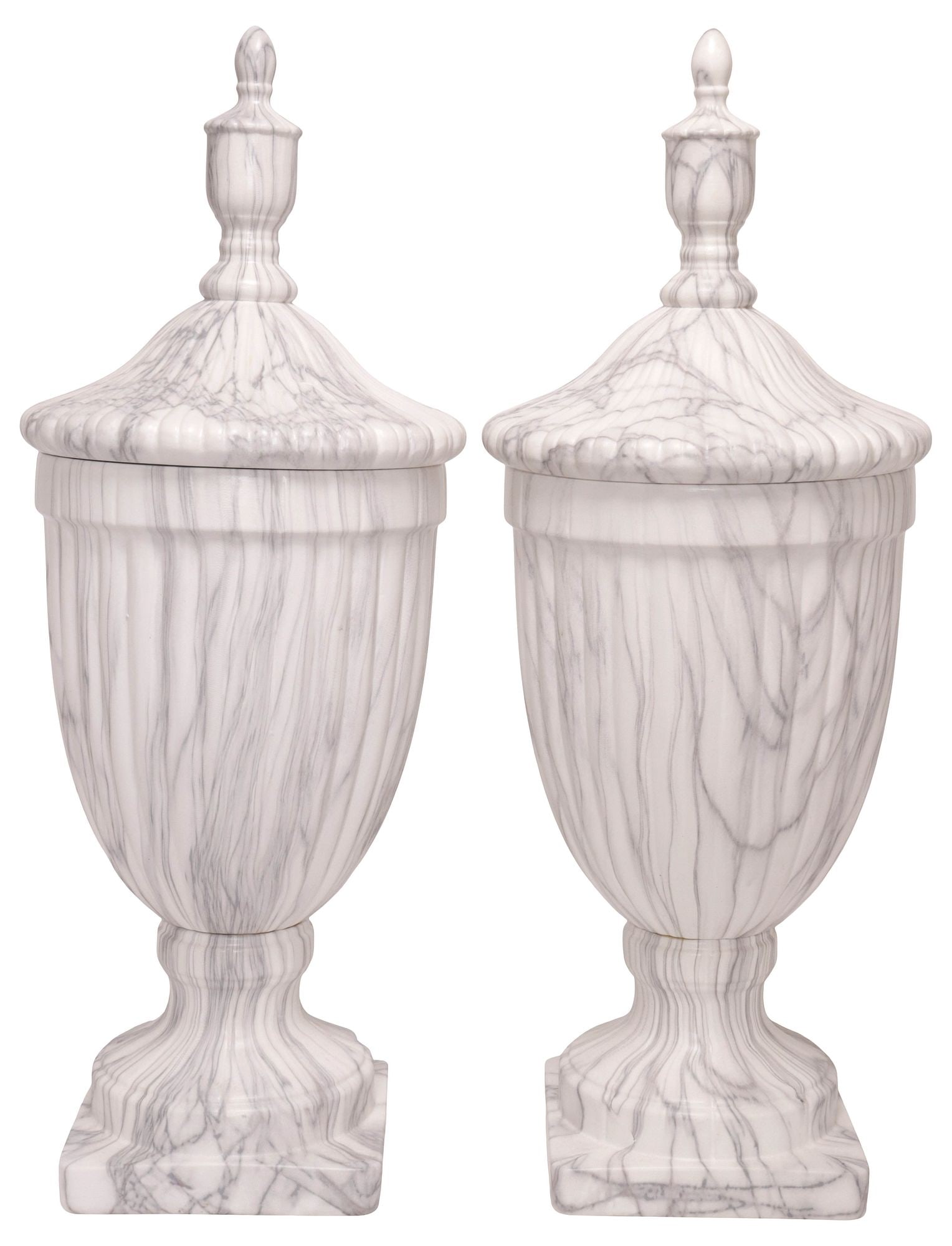 (2) LARGE CAST CERAMIC MARBLEIZED COVERED URNS, 26"H: (pair) Large cast ceramic covered urns, 21st c., each in a marbleized finish, having turned-form finial, above tapering fluted body, rising on integral socle, approx 26"h, 9.5"diam, 15lbs total