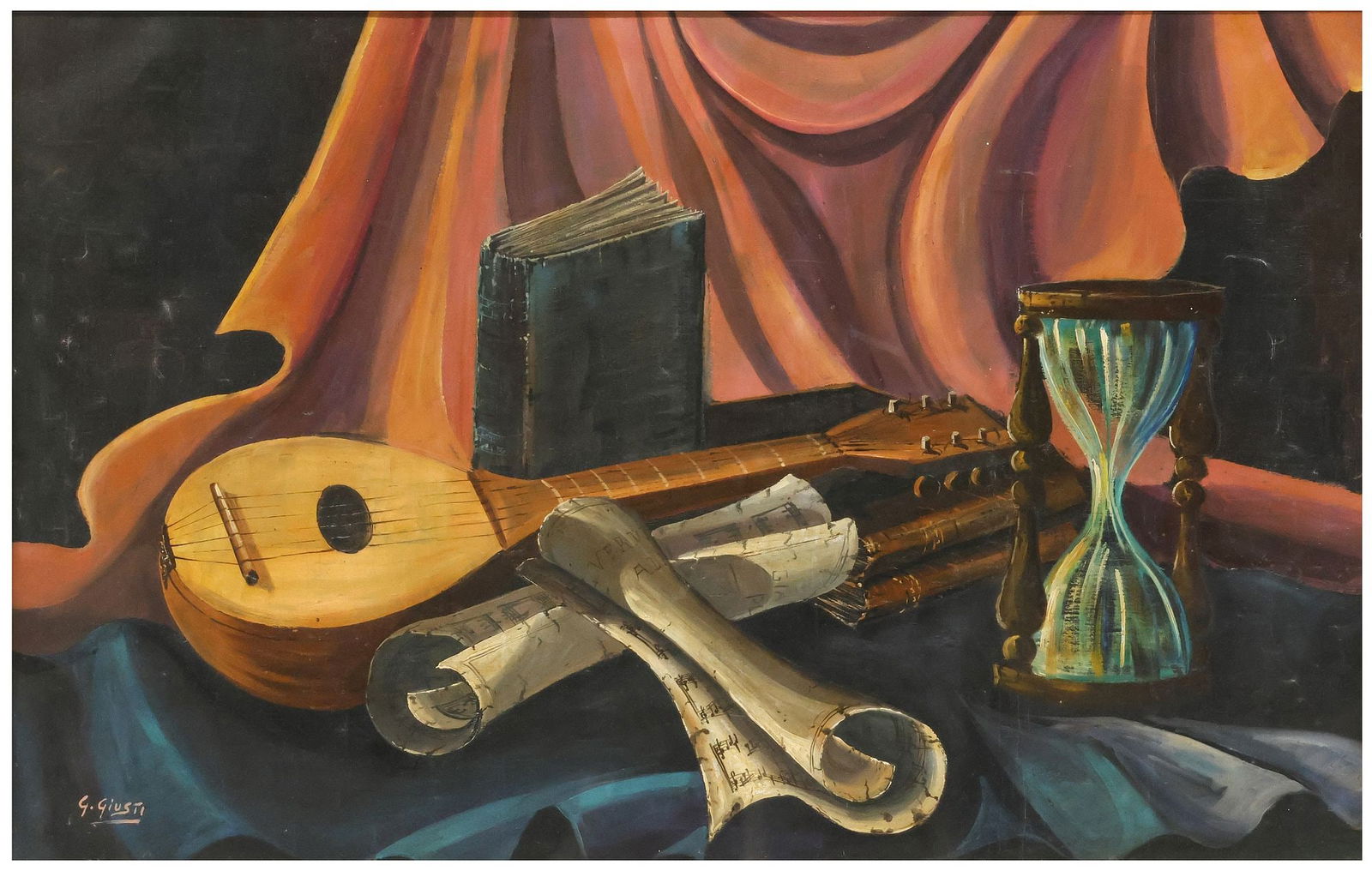 GIUSEPPE GIUSTI (ITALIAN, 19TH C.) PAINTING, STILL LIFE WITH SHEET MUSIC: Framed oil on canvas painting, Still Life with Lute, Sheet Music, and Hourglass, signed lower left G. Giusti (Giuseppe Giusti, Italian, 19th c.), retaining Galleria d'Arte Cardinale, Milan, gallery la