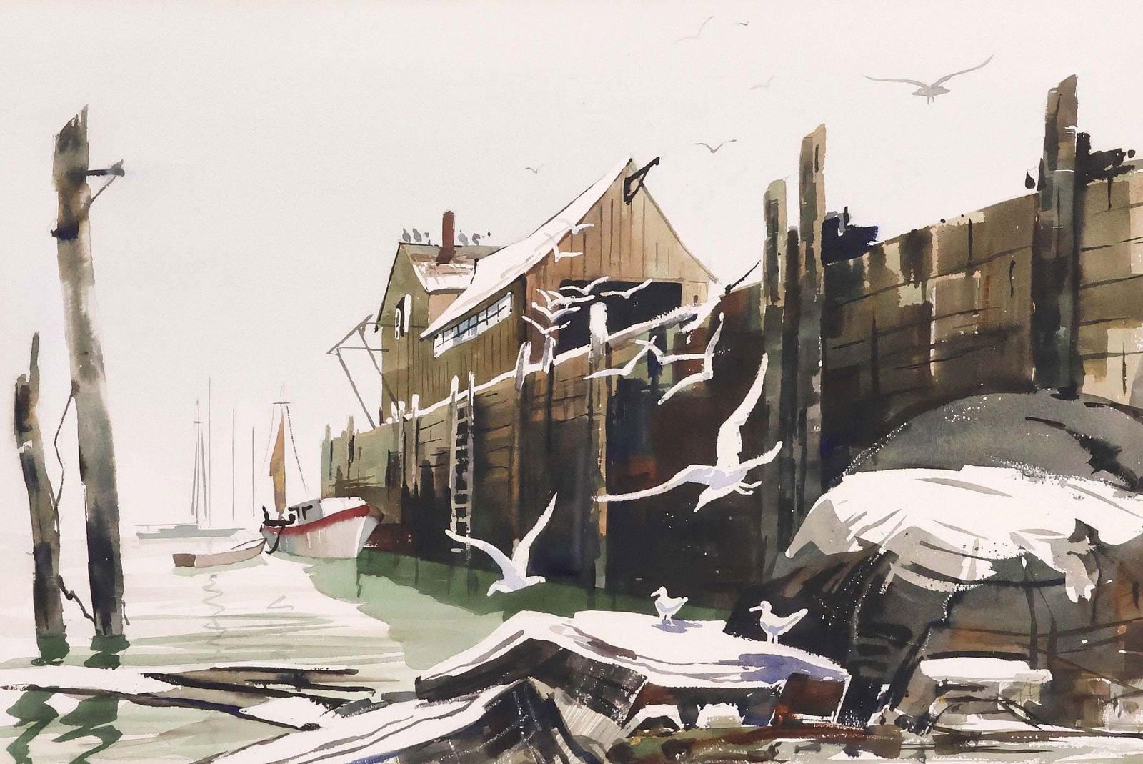 AFTER TED KAUTZKY (1896-1953) WATERCOLOR PAINTING, GULLS & SHADOWS: Framed watercolor painting on J. Whatman drawing board, Fisherman's Wharf in the Winter, after Ted Kautzky (Budapest, Hungary, 1896-1953), signed lower right Key?, mat affixed to drawing board at righ