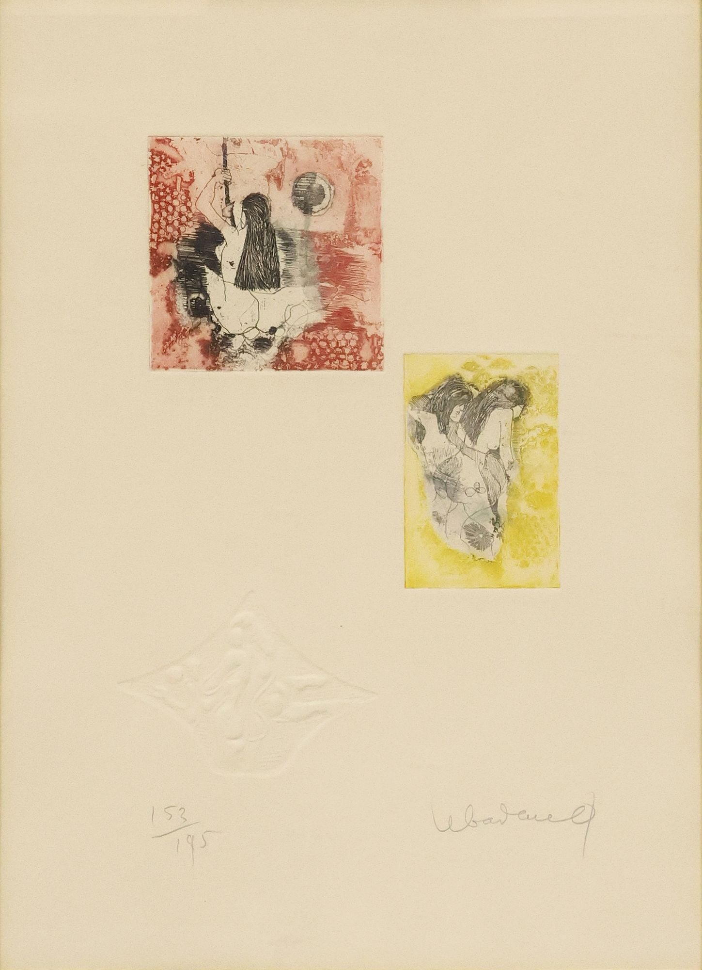 HOI LEBADANG (1921-2015) EMBOSSED INTAGLIO DIPTYCH PRINT, 'EROTICA I': Framed intaglio etching and embossed relief print on paper, "Erotica I," pencil signed lower right Lebadang (Hoi Lebadang, Vietnamese-born French, 1921-2015), numbered 153/ 195, sight: approx 14.5"h,