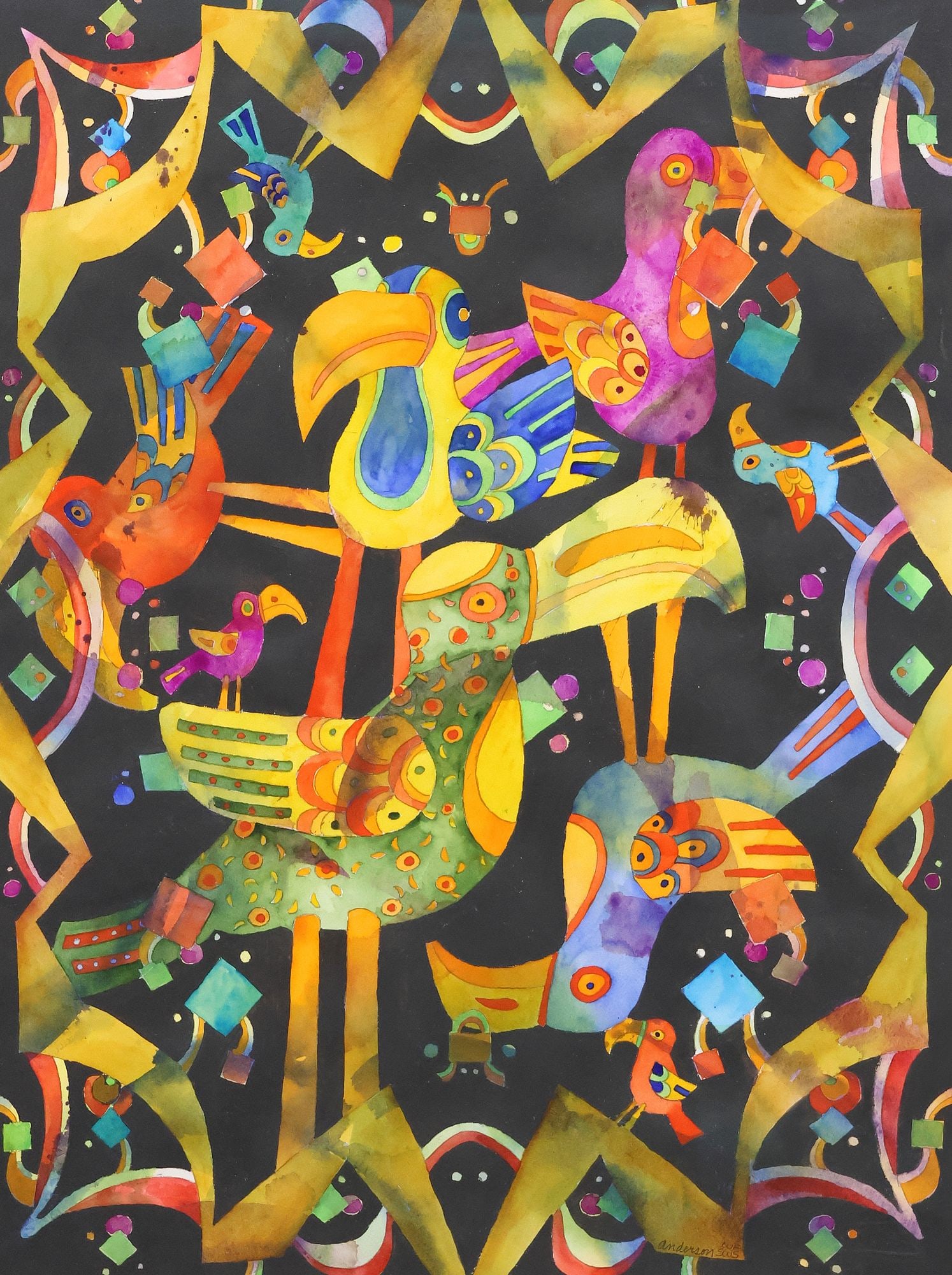 KARIN MICHELE ANDERSON (TX, 20TH C.) WATERCOLOR, 'A BIRD IN THE HAND': Framed watercolor painting on paper, "A Bird in the Hand is Worth 9 in the Bush," signed lower right Anderson (Karin Michele Anderson, American, active in Texas, 20th c.), titled and dated 2019 on exh