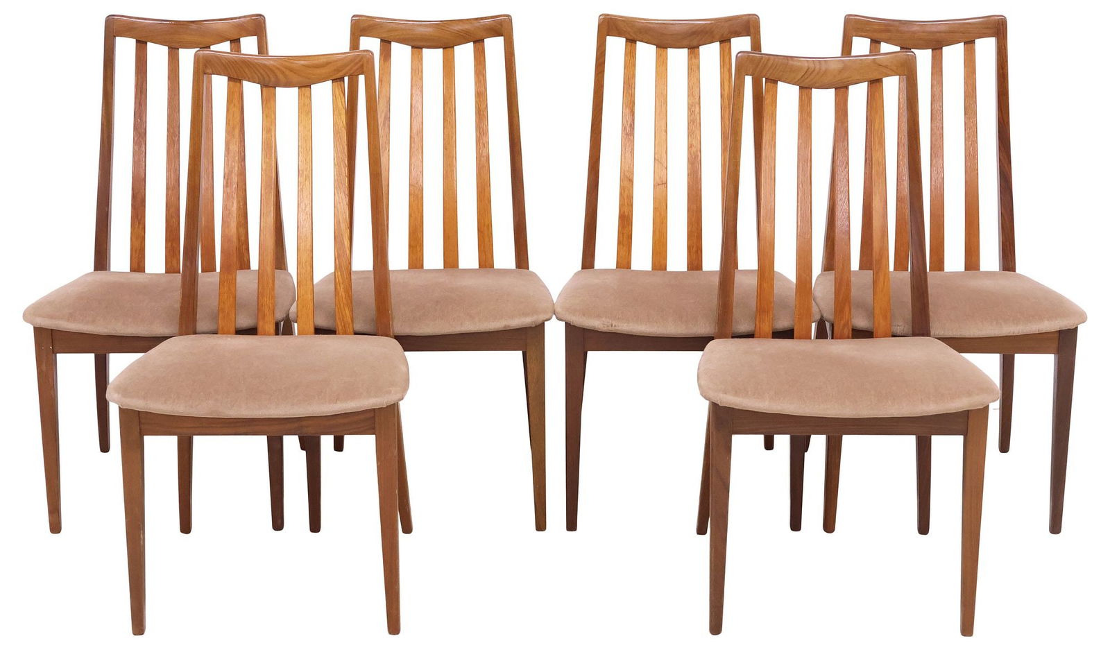 (6) G PLAN 'FRESCO' MID-CENTURY MODERN TEAK DINING CHAIRS: (lot of 6) Mid-century modern "Fresco" teak dining chairs, Victor B. Wilkins for G Plan, c.1960s, having gently curved slatted back, padded seat in a beige fabric upholstery, rising on frontal tapered
