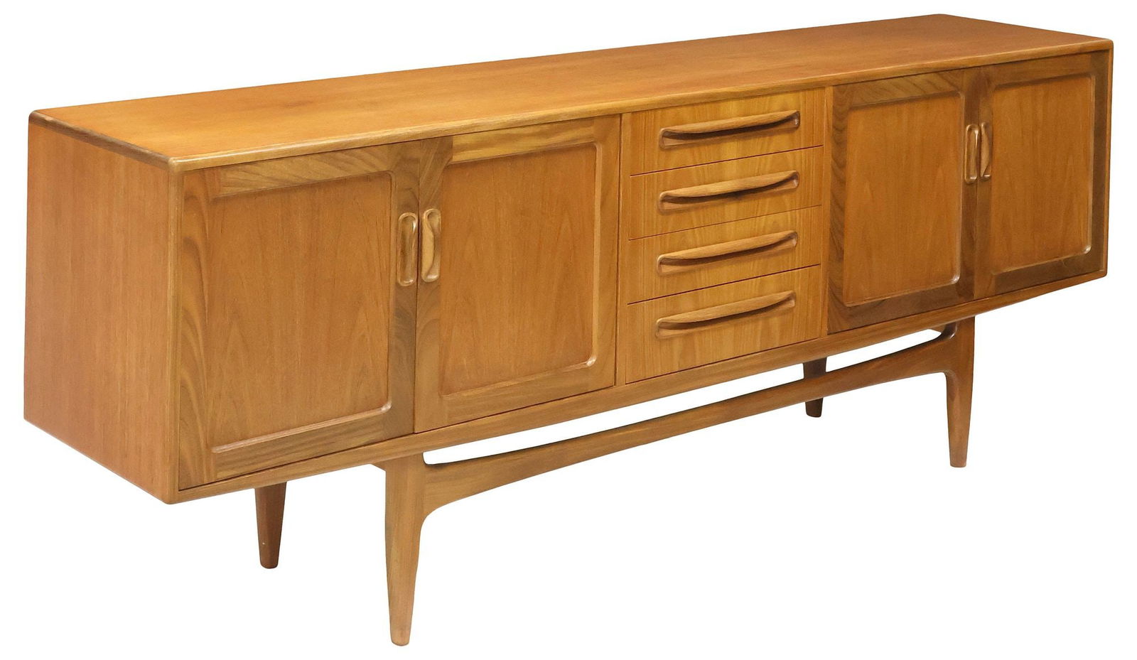 G PLAN (ATTRIB.) 'FRESCO' MID-CENTURY MODERN TEAK SIDEBOARD: Mid-century modern teak credenza/ sideboard, attributed to Victor B. Wilkins for G Plan, c.1960s, rectangular case fitted with four centered drawers, the topmost drawer with divided interior, pair of