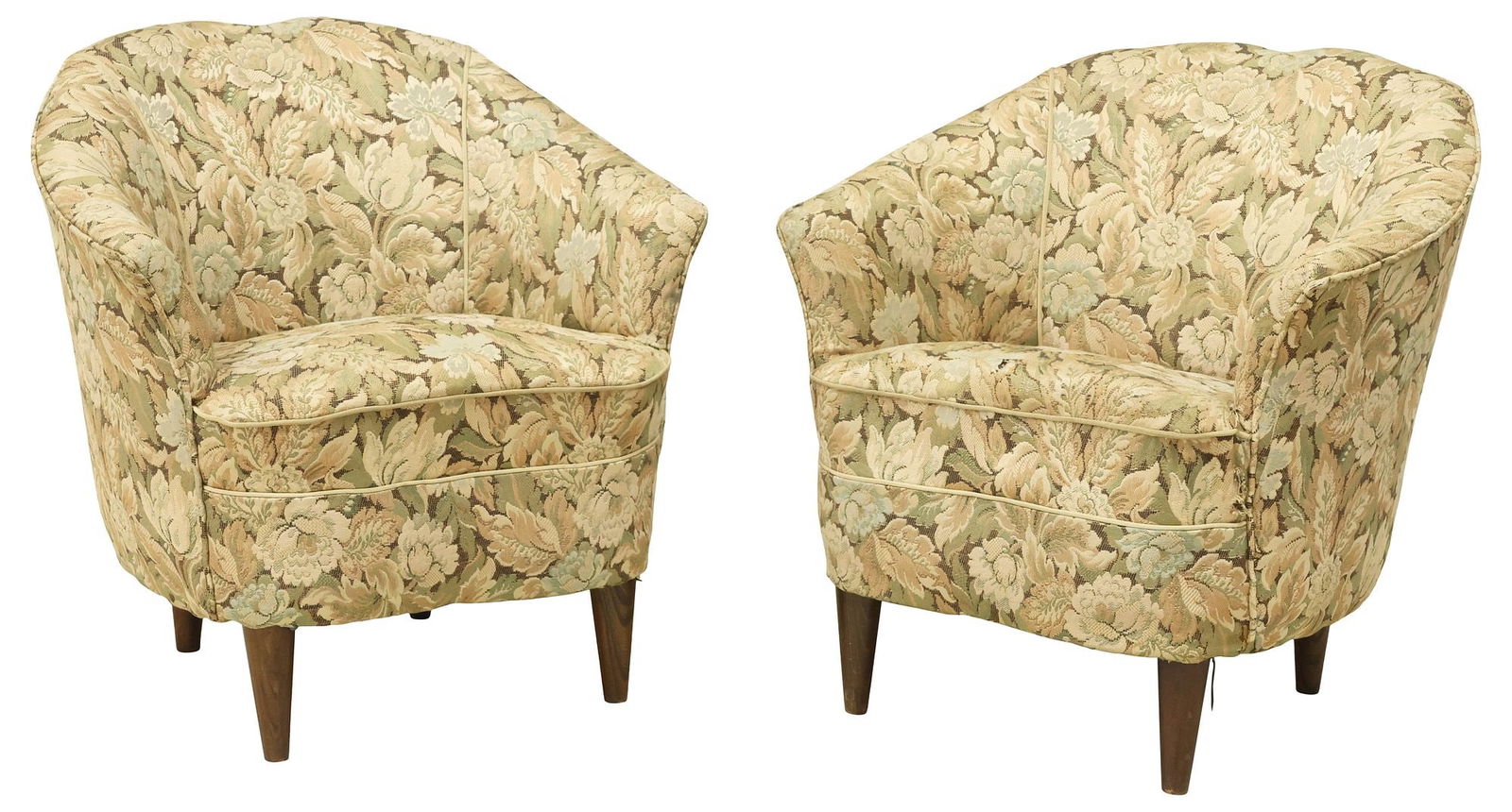 (2) ITALIAN MID-CENTURY MODERN UPHOLSTERED BARREL ARMCHAIRS: (pair) Italian mid-century modern barrel armchairs, c.1960s, shaped back over fixed seat cushions, in a floral upholstery, rising on tapered legs, approx 27.5"h, 26.5"w, 27"d, seat height: approx 17"h