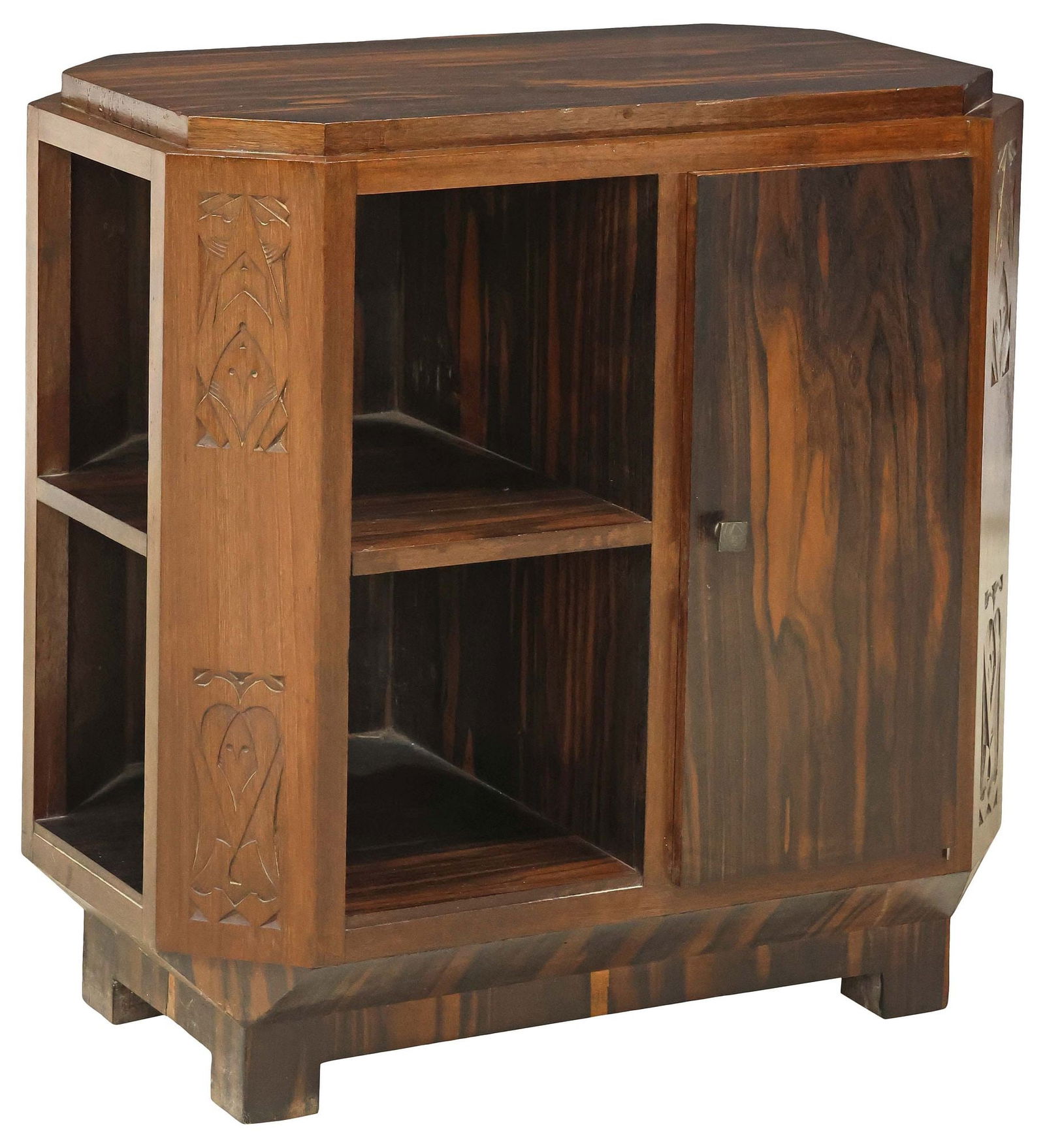 ITALIAN ART DECO PERIOD CARVED ROSEWOOD SIDE TABLE / CABINET: Italian Art Deco period rosewood side table/ cabinet, c.1930s, rectangular stepped top with canted corners, conforming case fitted with open shelving, and single cabinet door, carved geometric motifs