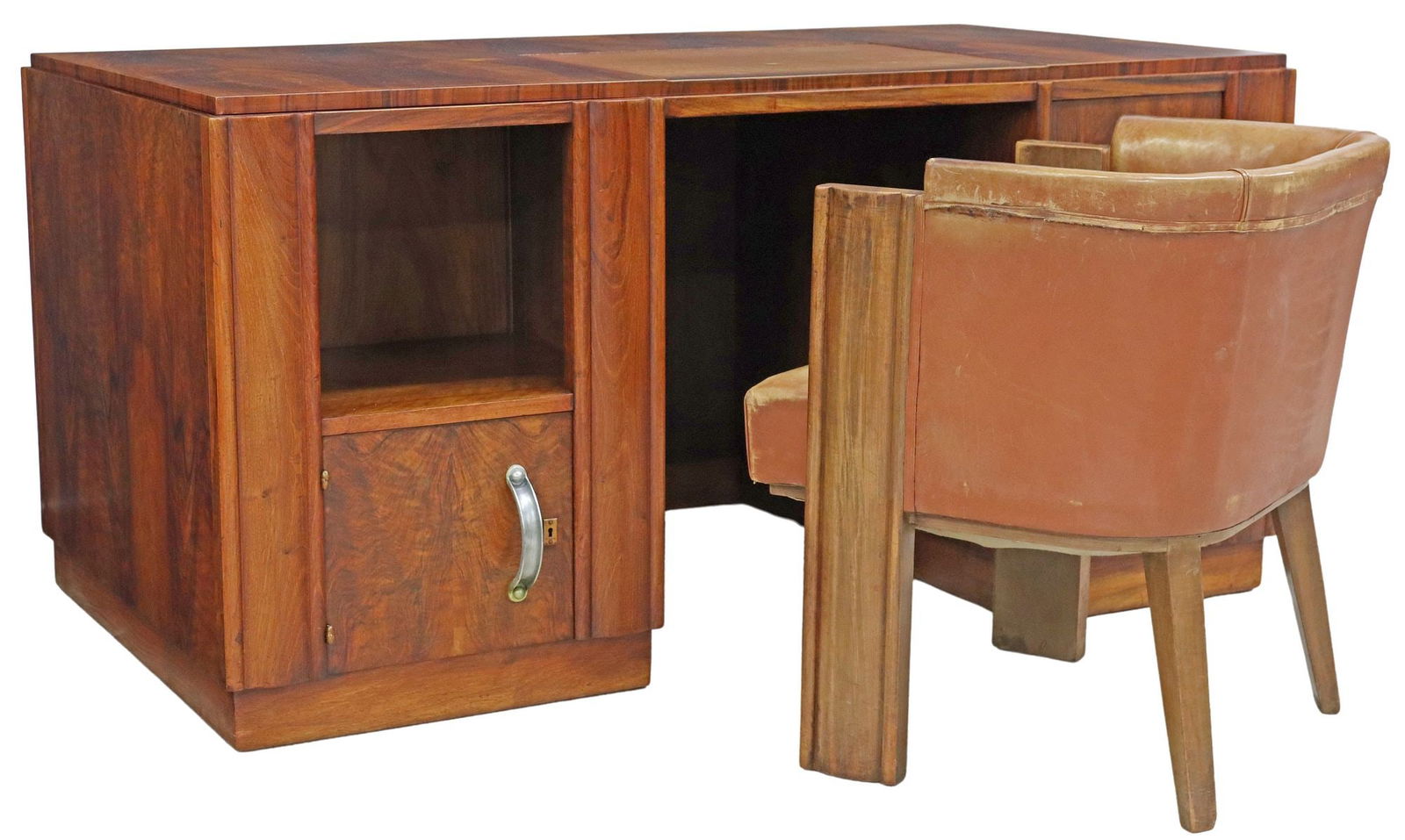 (2) ART DECO FIGURED WRITING DESK & UPHOLSTERED ARMCHAIR: (lot of 2) French Art Deco figured walnut writing desk and chair, c. 1950s, including: (1) desk, rectangular top with inset leather writing surface, one side of kneehole with four stacked drawers, opp