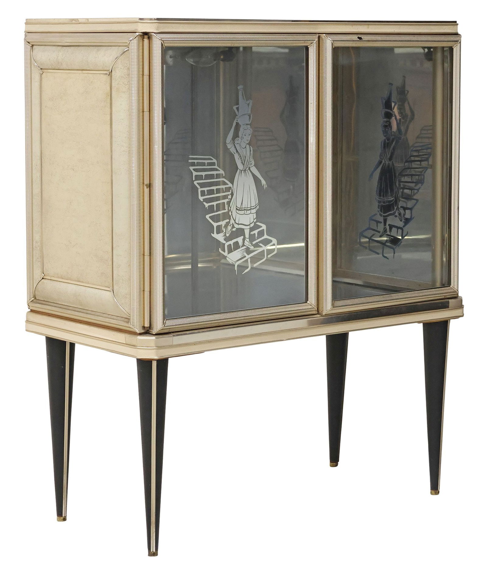 UMBERTO MASCAGNI (ATTRIB.) UPHOLSTERED ALUMINUM & GLASS BAR CABINET: Italian mid-century modern bar cabinet, attributed to Umberto Mascagni, c.1950s, having inset glass top with canted angles, over conforming case with ribbed aluminum trim, pair of glazed cabinet doors