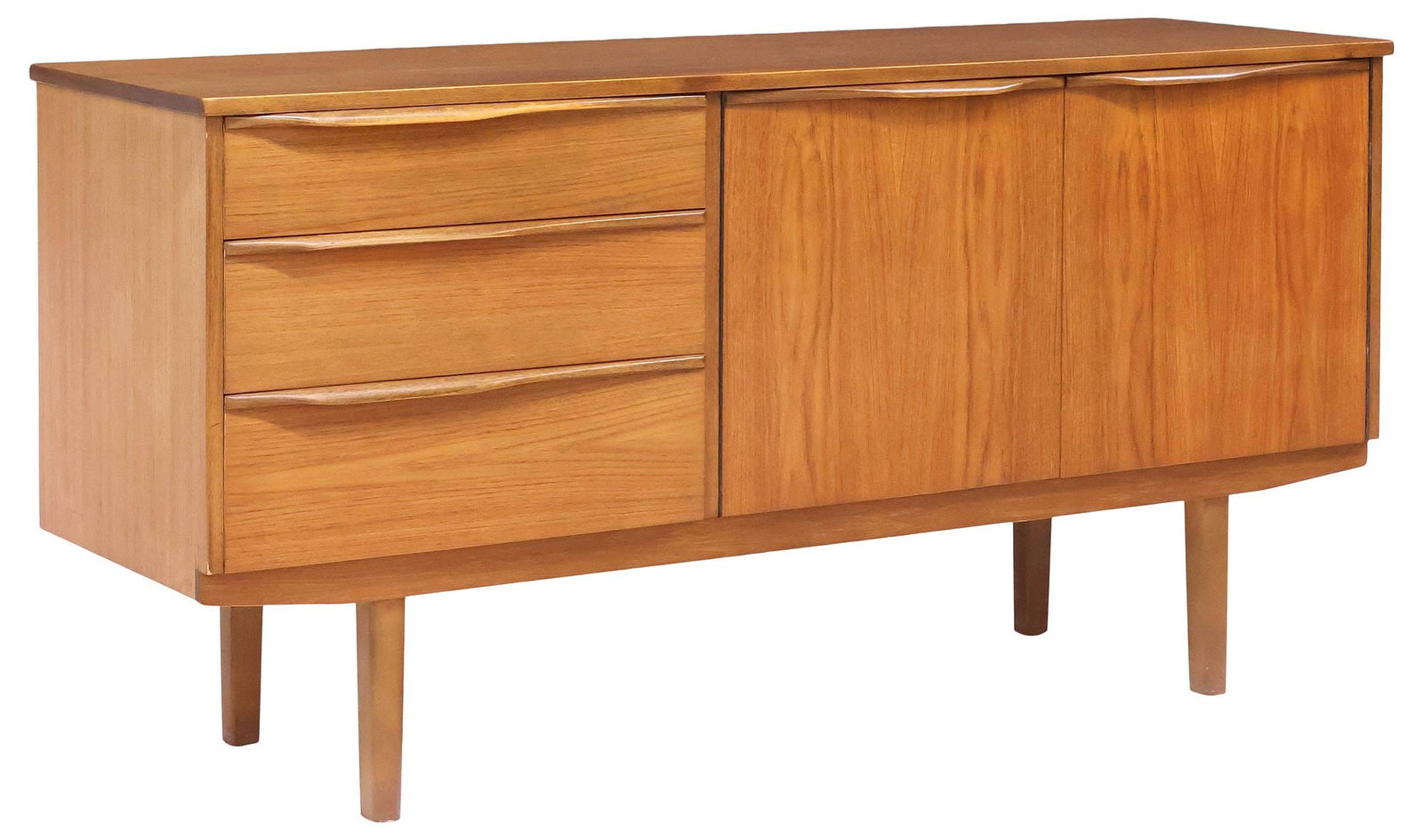 DANISH MID-CENTURY MODERN TEAK SIDEBOARD: Danish mid-century modern teak sideboard, c.1960s, rectangular case fitted with three drawers, and two cabinet doors revealing divided and shelved interior, rising on tapered legs, approx 30.5"h, 60.7