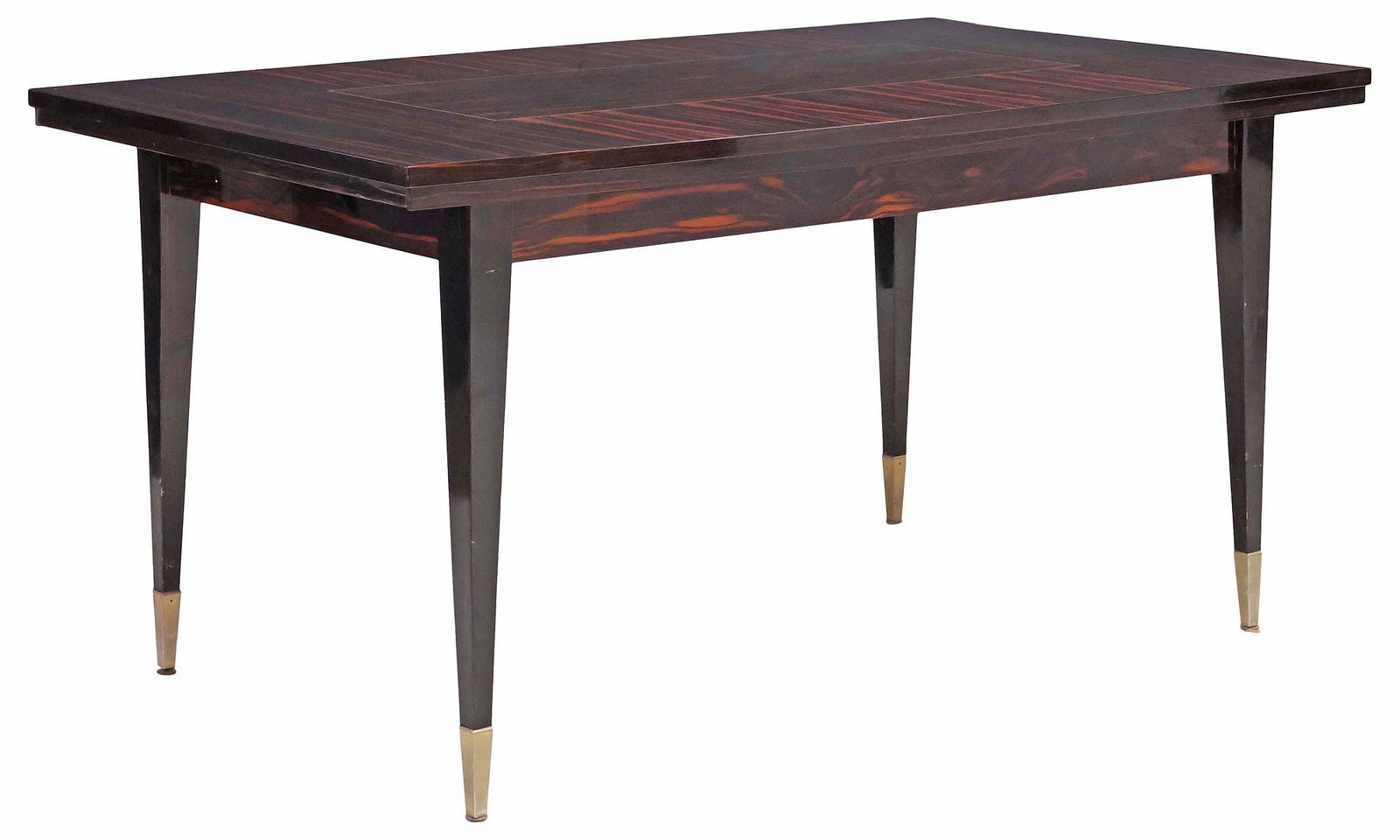 FRENCH MID-CENTURY MODERN LACQUERED DRAW-LEAF EXTENSION TABLE: French mid-century modern exotic veneer draw-leaf extension dining table, c.1960s, likely in rosewood or macassar ebony veneers, shaped tabletop with gently bulged sides and inlaid stringwork, conceal