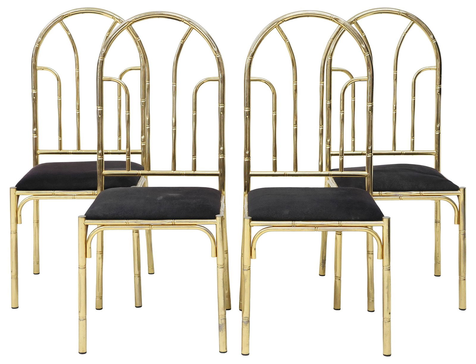 (4) FRENCH FAUX BAMBOO BRASS DINING CHAIRS: (lot of 4) French brass dining chairs, mid 20th c., faux bamboo frame with arched back, padded seat in a black fabric upholstery, rising on tubular supports, approx 41.5"h, 18"w, 19.25"d, seat height:
