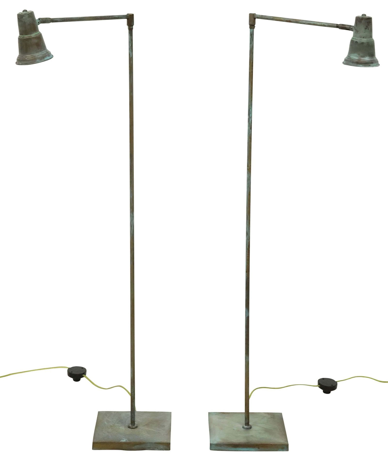 (2) INDUSTRIAL VERDIGRIS METAL ADJUSTABLE 1-LIGHT FLOOR LAMPS: (pair) Industrial metal single-light floor lamps, late 20th c., each in a verdigris-patinated finish, having adjustable arm, tubular standard ending on square base, observed operating, approx 47"h, 8.