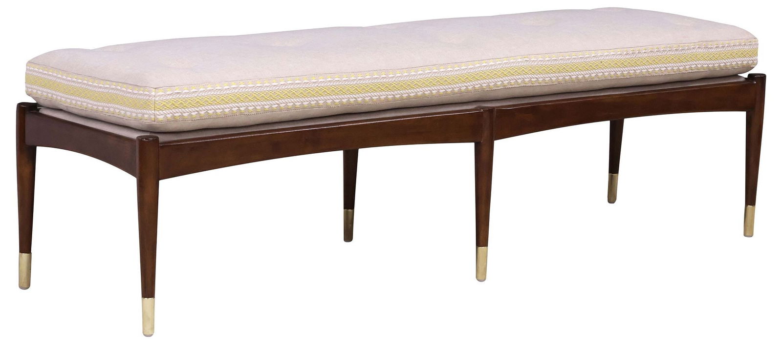 ANTHROPOLOGIE BUTTONED & UPHOLSTERED BEECH BENCH, 61"L: Mid-century modern style "Haverhill" upholstered window/ end of bed bench, Anthropologie, 21st c., padded seat in a linen-blend light beige upholstery with patterned trim and yellow button tufting, ri