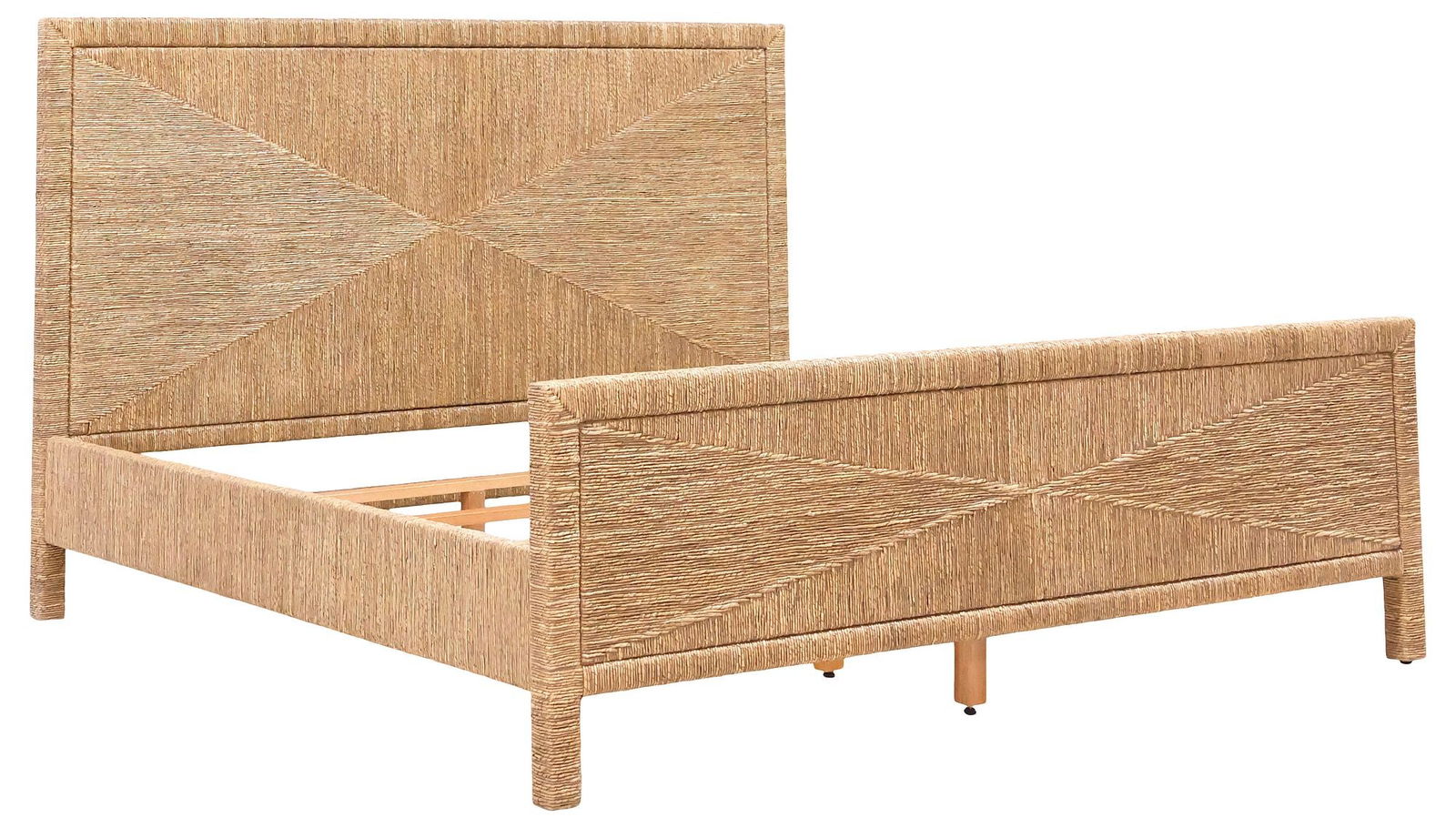 WILLIAMS SONOMA 'MALLORY' WOVEN SEAGRASS KING SIZE BED: Contemporary woven seagrass "Mallory" king size bed, Williams Sonoma, 21st c., headboard and footboard with a woven matched pattern, rising on straight legs, branded label headboard verso, exterior: a
