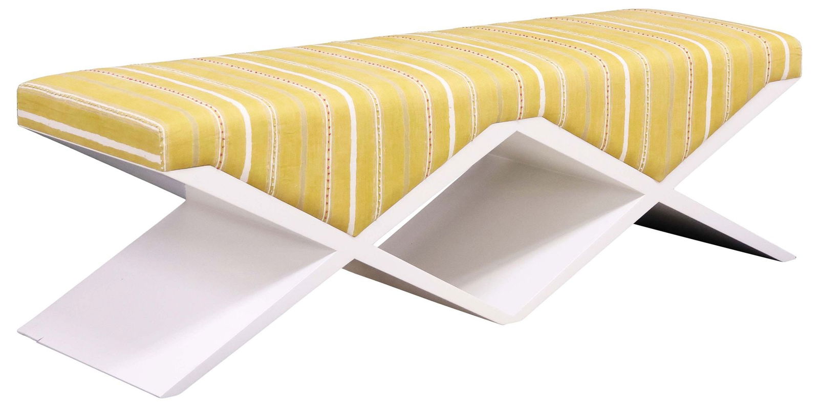 NATASHA BARADARAN (ATTRIB.) 'FACETTE' CUSTOM-UPHOLSTERED X-FORM BENCH: Contemporary "Facette" bench, attributed to Natasha Baradaran, 21st c., in custom Nichola Taylorson upholstery, in the "Dabu Stripe Mustard Green Embroidered" pattern, on double x-form base, in a whit