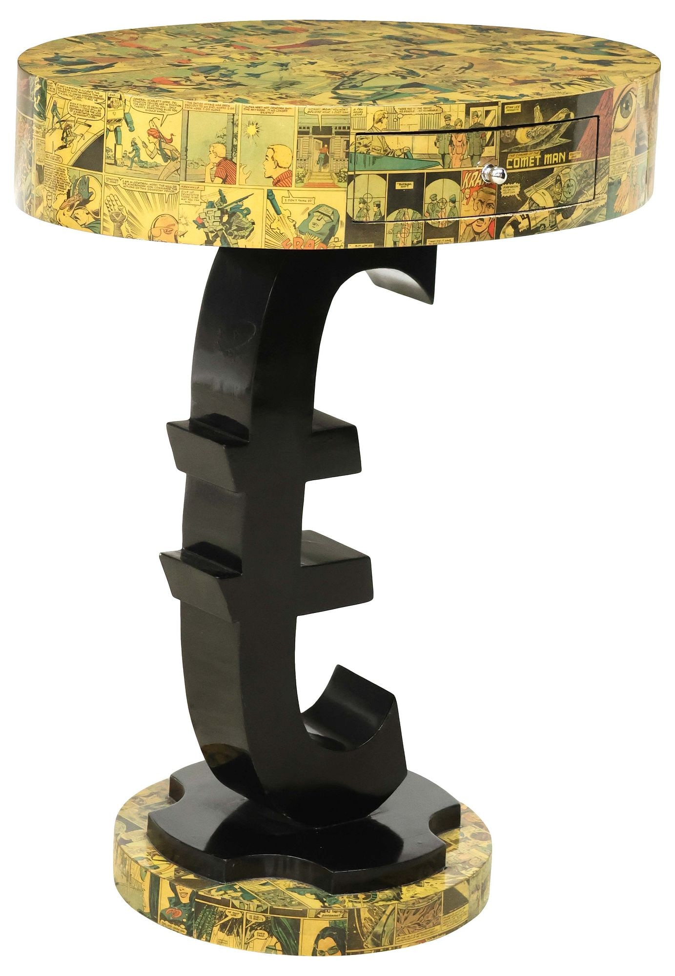 MODERN COMIC BOOK VENEERED EURO SYMBOL SIDE TABLE: Modern comic book veneered side table, ovular case fitted with single drawer, on Euro symbol support, terminating on round platform, approx 33"h, 26.25"w, 19.25"d