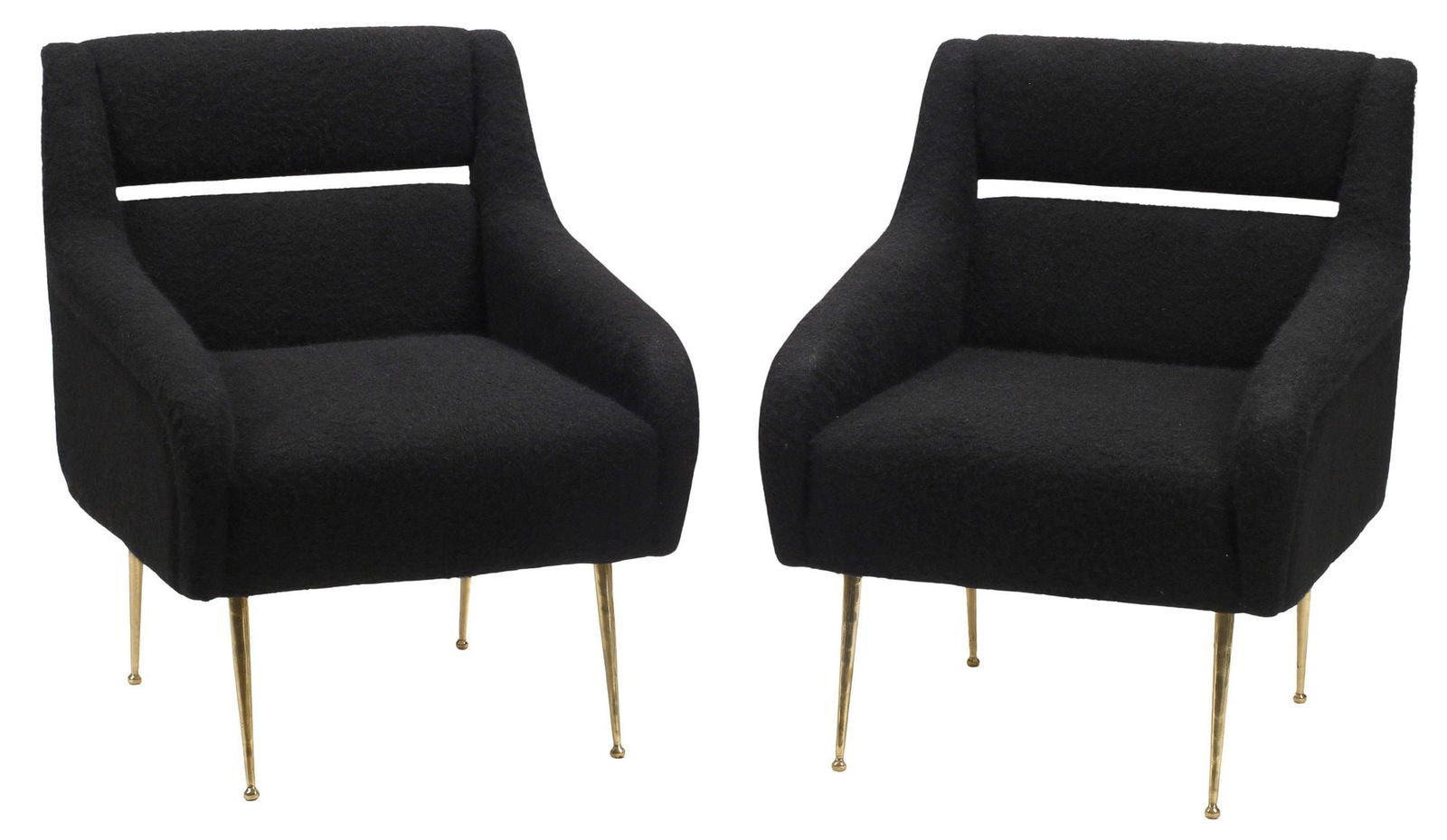 (2) MID-CENTURY STYLE BLACK UPHOLSTERED LOUNGE CHAIRS: (pair) Mid-century style black upholstered armchairs, each having rectangular back with narrow slit, continuous curved armrests, rising on tapering brass legs, approx 35"h, 28.5"w, 28"d, seat height: