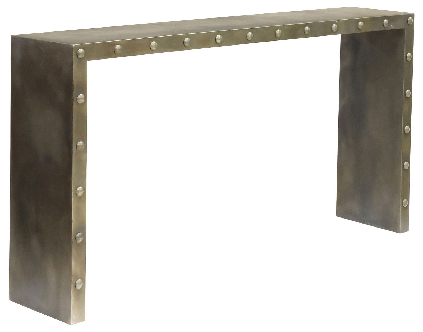 INDUSTRIAL STYLE PATINATED STEEL STUDDED WATERFALL CONSOLE TABLE: Industrial style steel console table, 20th c., long rectangular waterfall frame, with studded "nailhead" accents, in a mottled gray metallic finish, approx 31 1/8"h, 60"w, 12.5&quo