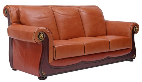 LOUIS DYNASTY CLASSIC FURNITURE COGNAC LEATHER THREE-SEAT SOFA
