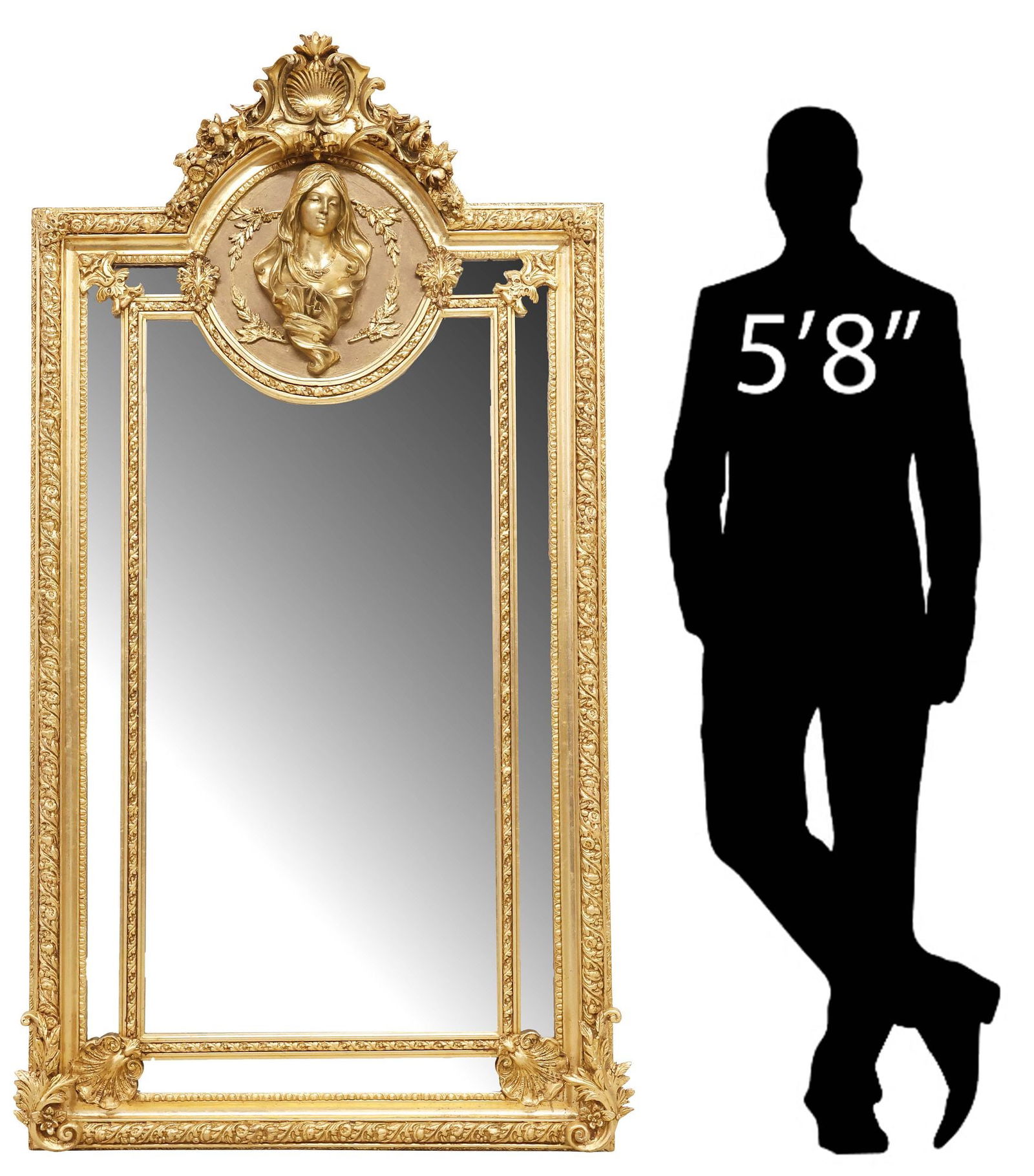 LARGE LOUIS XV STYLE GILT PARCLOSE PORTRAIT MIRROR, 82.5" X 45.5": Louis XV style gilt composite wall mirror, 21st c., having molded shell crest with floral garland, above shaped cushion frame with central portrait of a woman in relief, foliate and egg-and-dart trim,