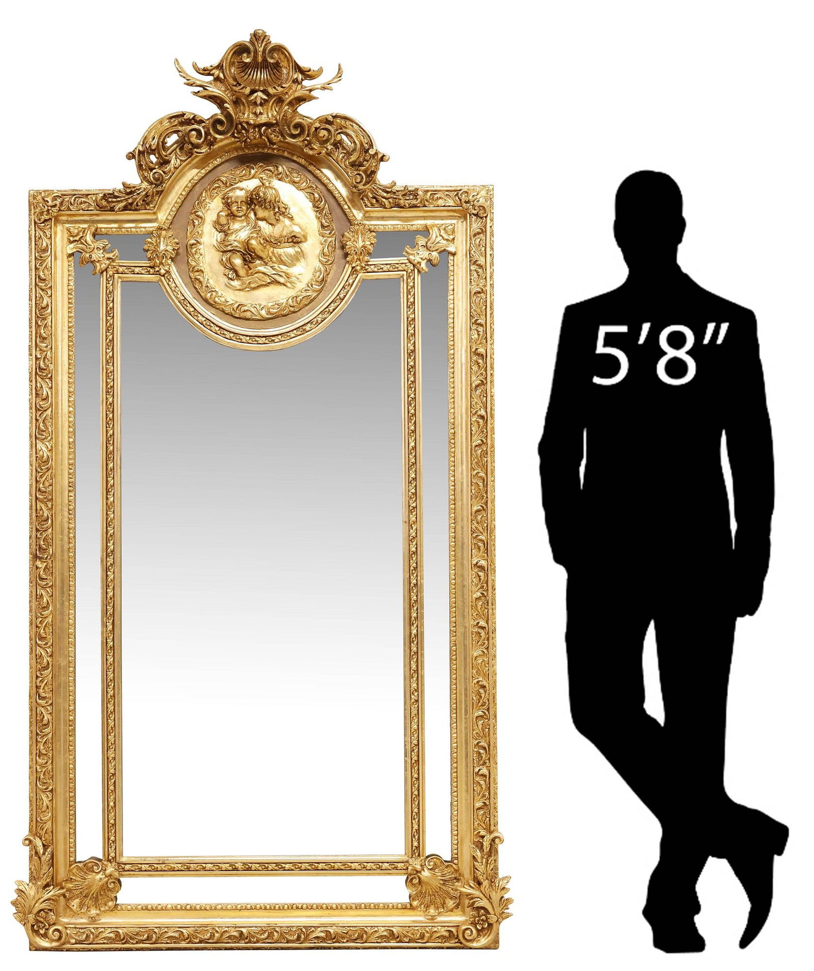 LOUIS XV STYLE GILT PARCLOSE PORTRAIT MIRROR WITH MOTHER & CHILD, 84.5"H: Louis XV style gilt composite wall mirrors, 21st c., having arched crest with molded shell motif and pierced scrollwork, above portrait roundel of a mother and child, rectangular frame with foliated t