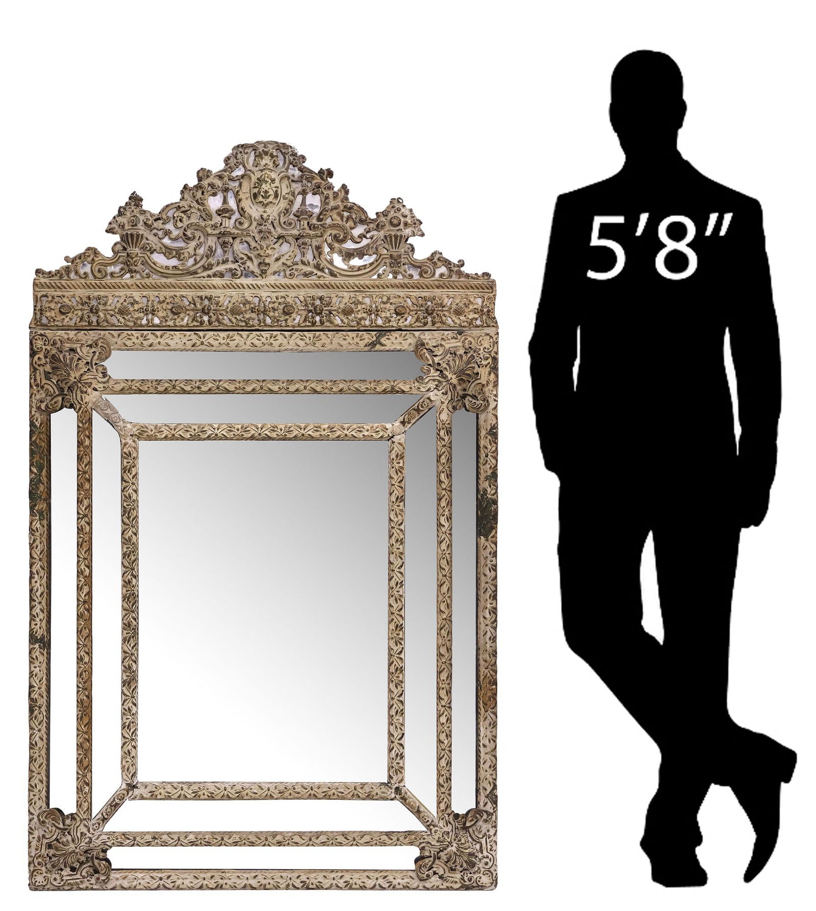 DUTCH BAROQUE STYLE REPOUSSE CUSHION MIRROR, 60"H (1 of 4)