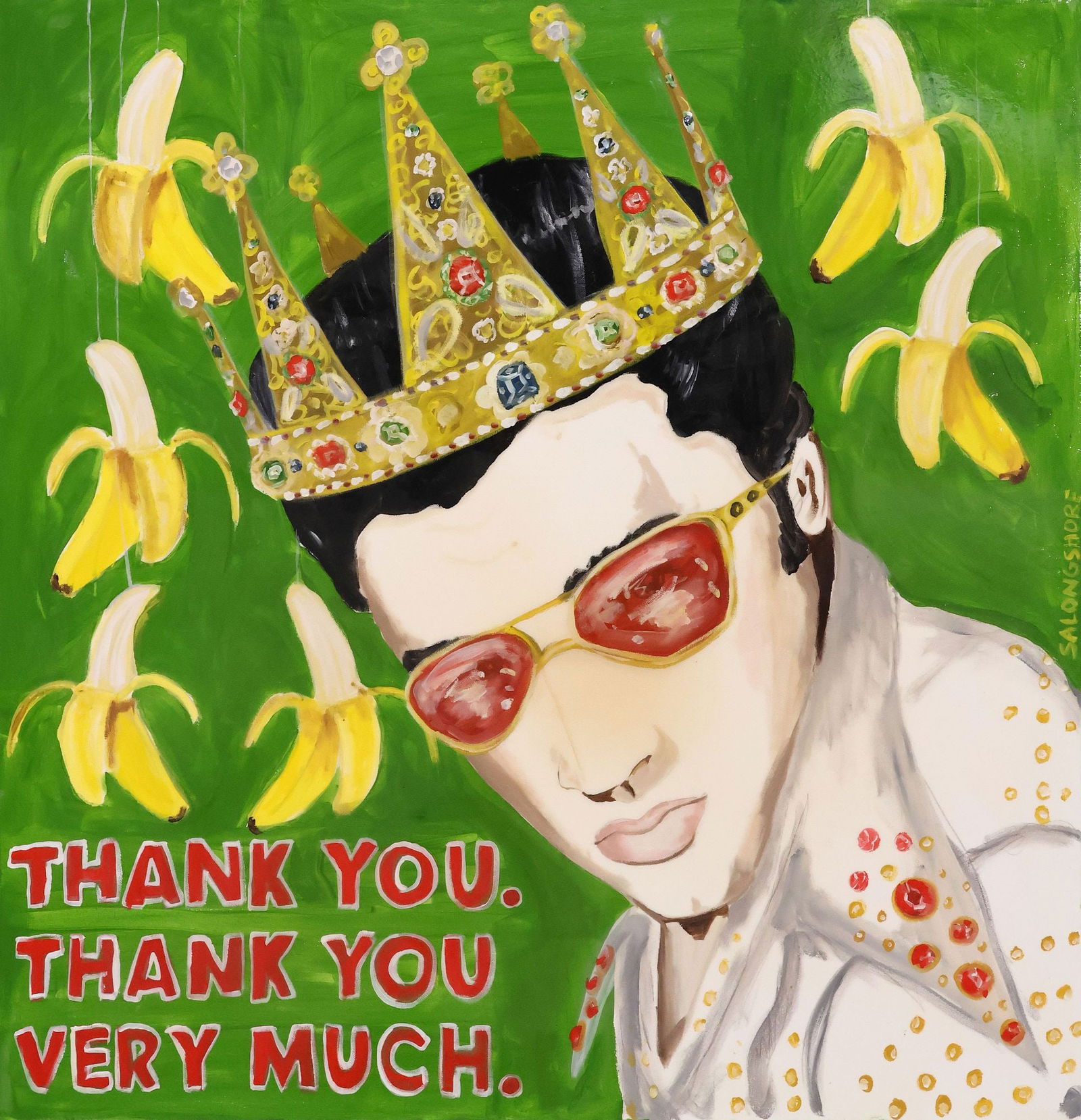 SARAH ASHLEY LAKESHORE (B.1975) ACRYLIC ELVIS & BANANA PAINTING: Gallery wrapped acrylic painting on canvas, "Thank You, Thank You Very Much," signed central left SA Longshore (Sarah Ashley Longshore, New York, b.1975), in a resin finish, approx 46"h, 46"w, 10lbs *