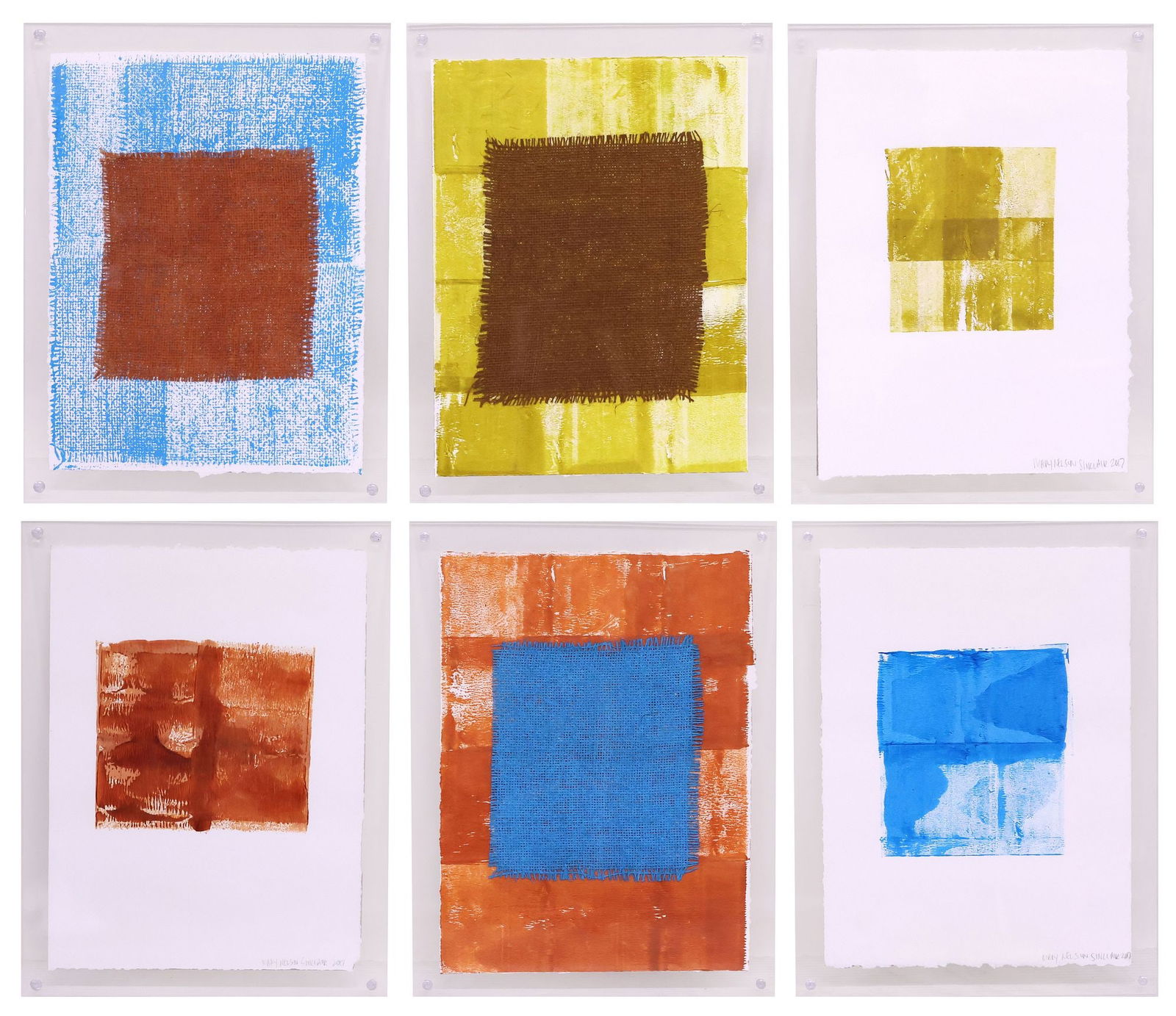 (6) MARY NELSON SINCLAIR (B.1984) MIXED MEDIA ABSTRACTIONS IN ACRYLIC FRAMES: (lot of 6) Framed acrylic and fabric compositions on paper, Abstract Geometrics, (three) signed lower right Mary Nelson Sinclair (Texas, New York, b.1984), (three) signed verso, each dated 2017, house