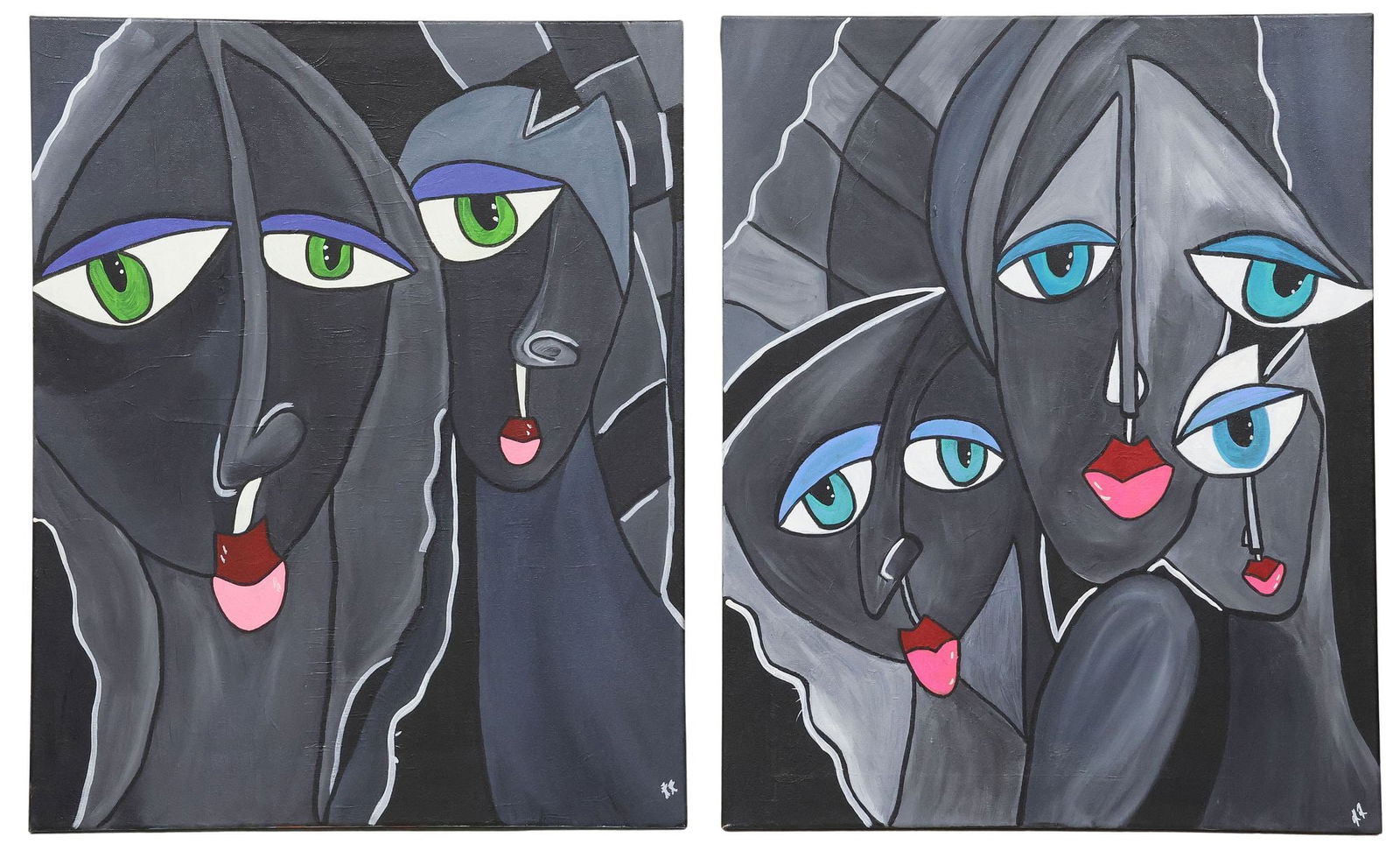 (2) AFTER TOM FEDRO (B.1969) CONTEMPORARY ABSTRACT PORTRAIT PAINTINGS: (lot of 2) Gallery-wrapped oil on canvas paintings, Abstract Portraits of Women, after Thomas Fedro (Illinois, b.1969), initialed lower right KK, further signed at back stretcher Kanupriya Khera (20th