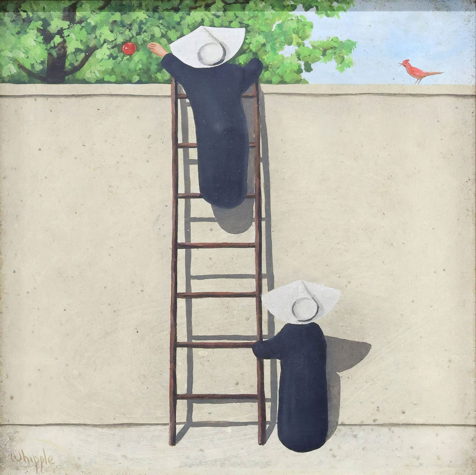 FRANK WHIPPLE (1923-2016) PAINTING, WIMPLE NUNS CLIMBING LADDER, 5" X 5": Framed oil on board painting, Nuns Climbing a Ladder to an Apple Tree, signed lower left Whipple (Frank Whipple, American, 1923-2016), sight: approx 4.75"h, 4.75"w, overall: approx 10"h, 10"w, 2lbs