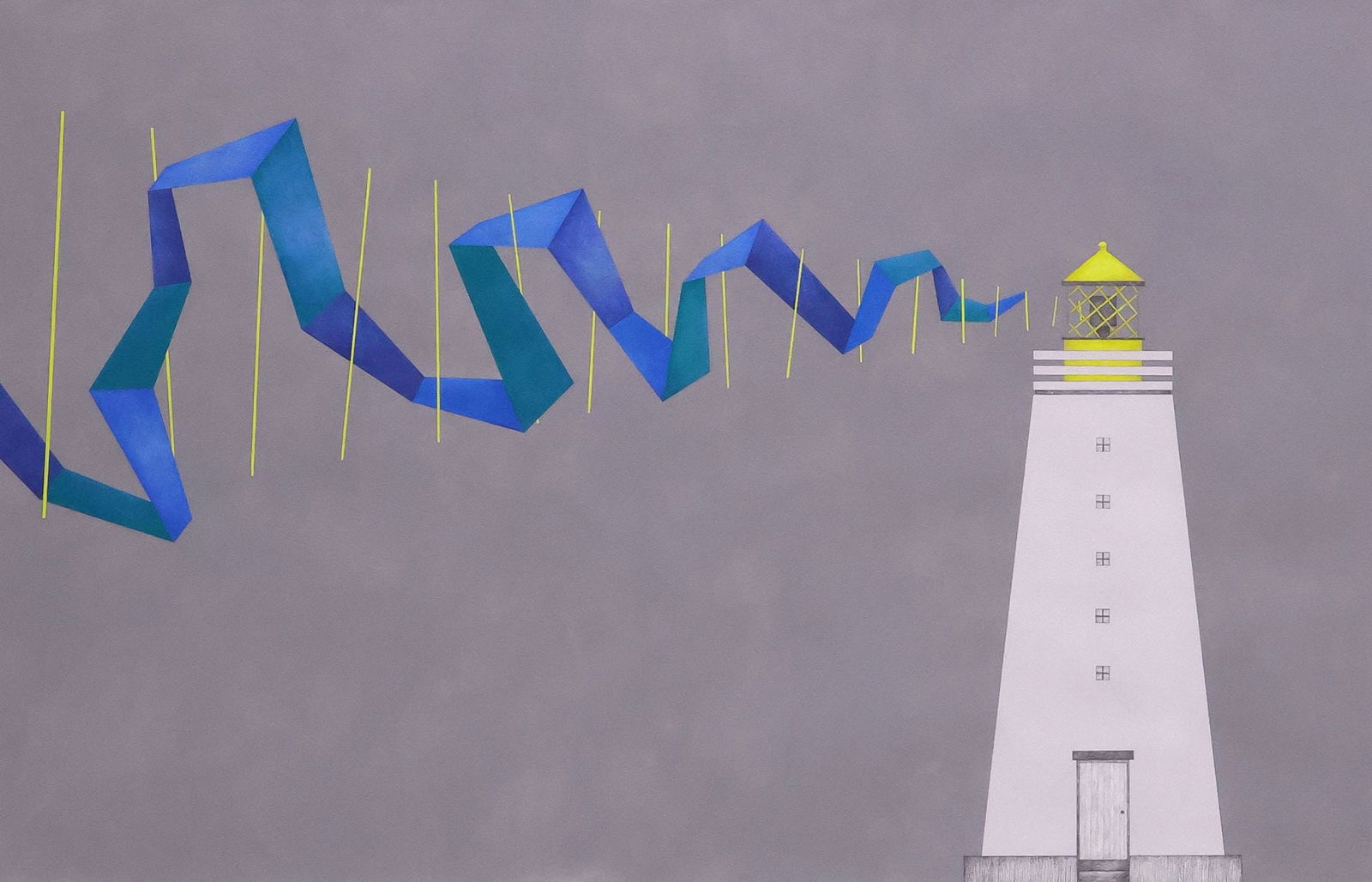 BECKY JOYE (ATTRIB., 20THC.) MODERNIST ACRYLIC LIGHTHOUSE PAINTING: Framed acrylic and pencil composition on paper, "Aurora," attributed to Becky Joye (North Carolina, 20th c.), unsigned, sight: approx 25.75"h, 40"w, overall: approx 35"h, 49"w, 21lbs **Provenance: the