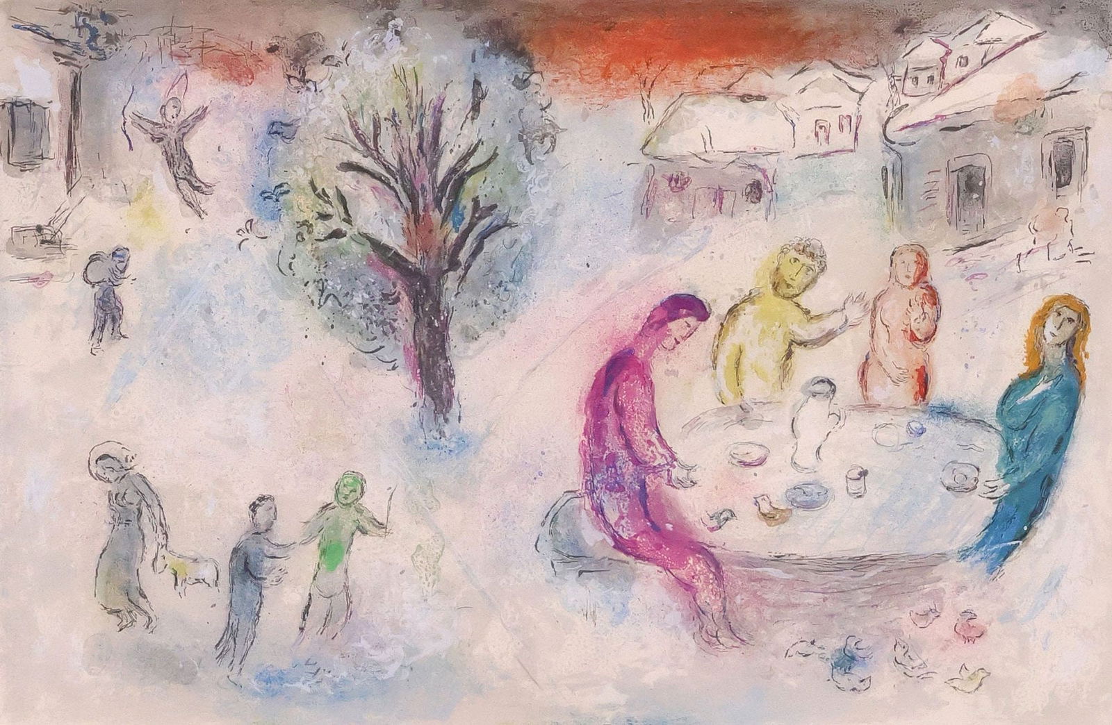 AFTER MARC CHAGALL (1887-1985) LITHOGRAPH, 'LE REPAS CHEZ DRYAS': Framed lithograph in colors on wove paper, "Le Repas Chez Dryas (The Meal at Dryas)," after Marc Chagall (Marc [Moishe Shagal] Chagall, 1887-1985), after the original lithograph from &q
